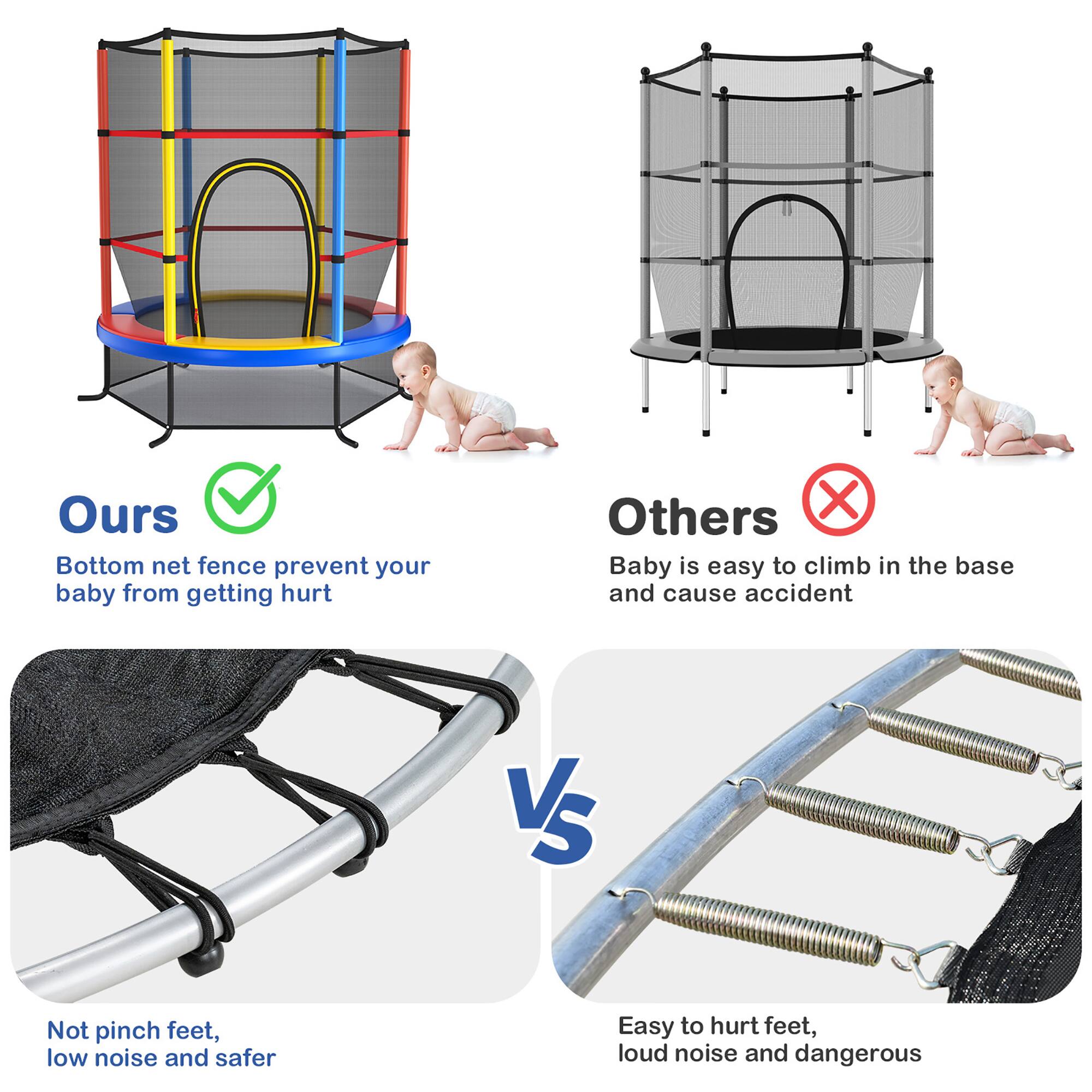 **Ours**  
- Bottom net fence prevent your baby from getting hurt  
- Not pinch feet, low noise and safer  

**Others**  
- Baby is easy to climb in the base and cause accident  
- Easy to hurt feet, loud noise and dangerous