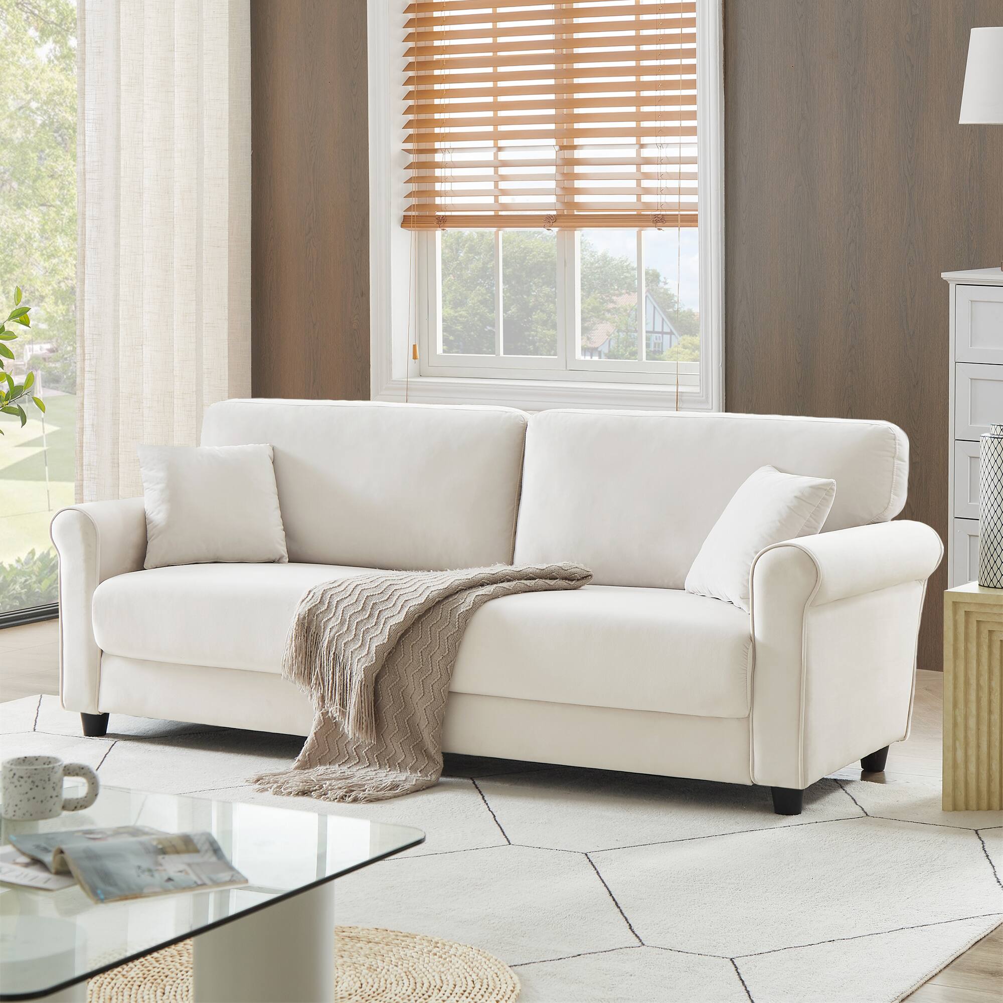 Angle. Electra Tech Xpress - FREEHOMAE-Modren 82.48'' Velvet Fabric Couch, 3 Seater Sofa, Big Loveseat for Living Room - BeigeWhite.