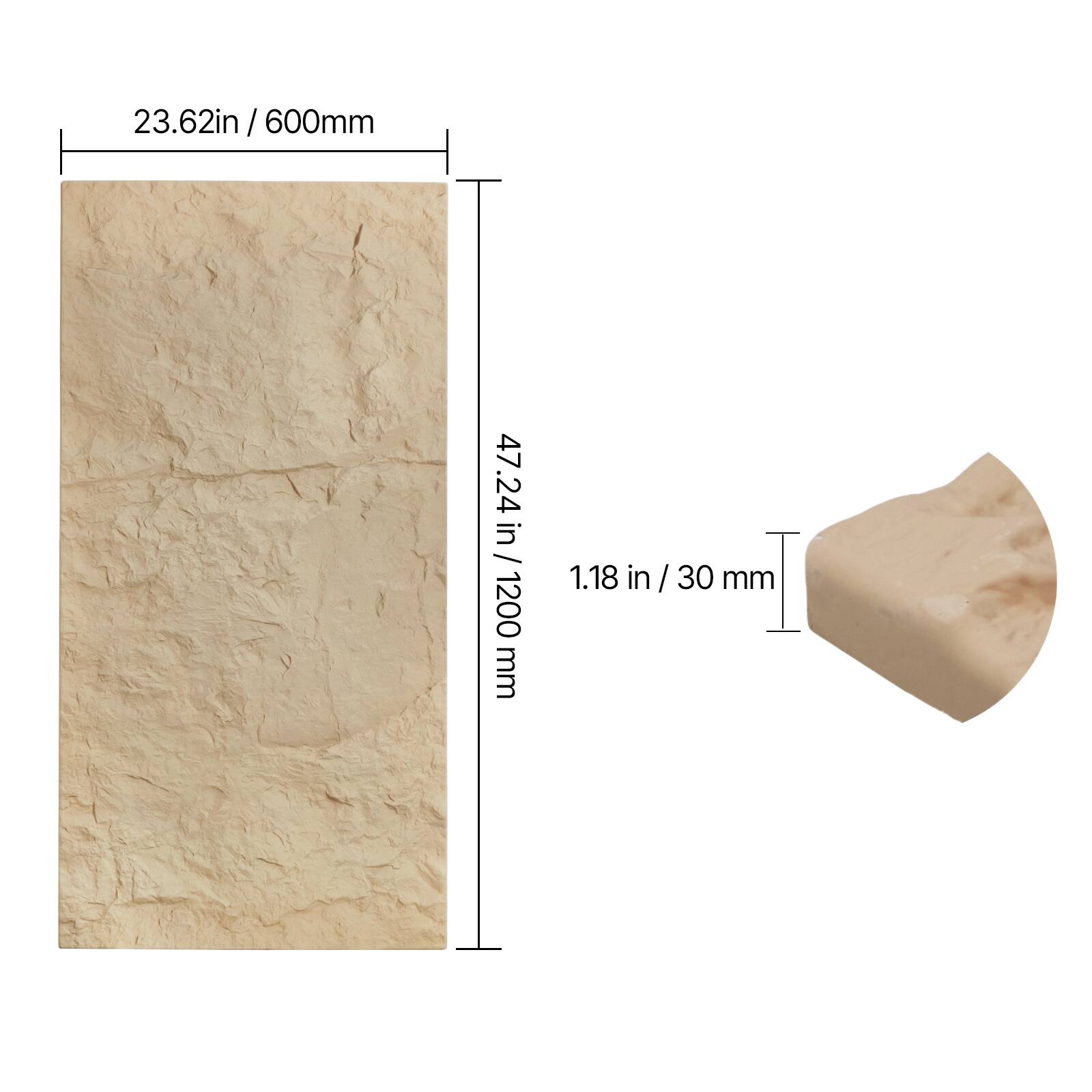 23.62 in / 600 mm  
47.24 in / 1200 mm  
1.18 in / 30 mm