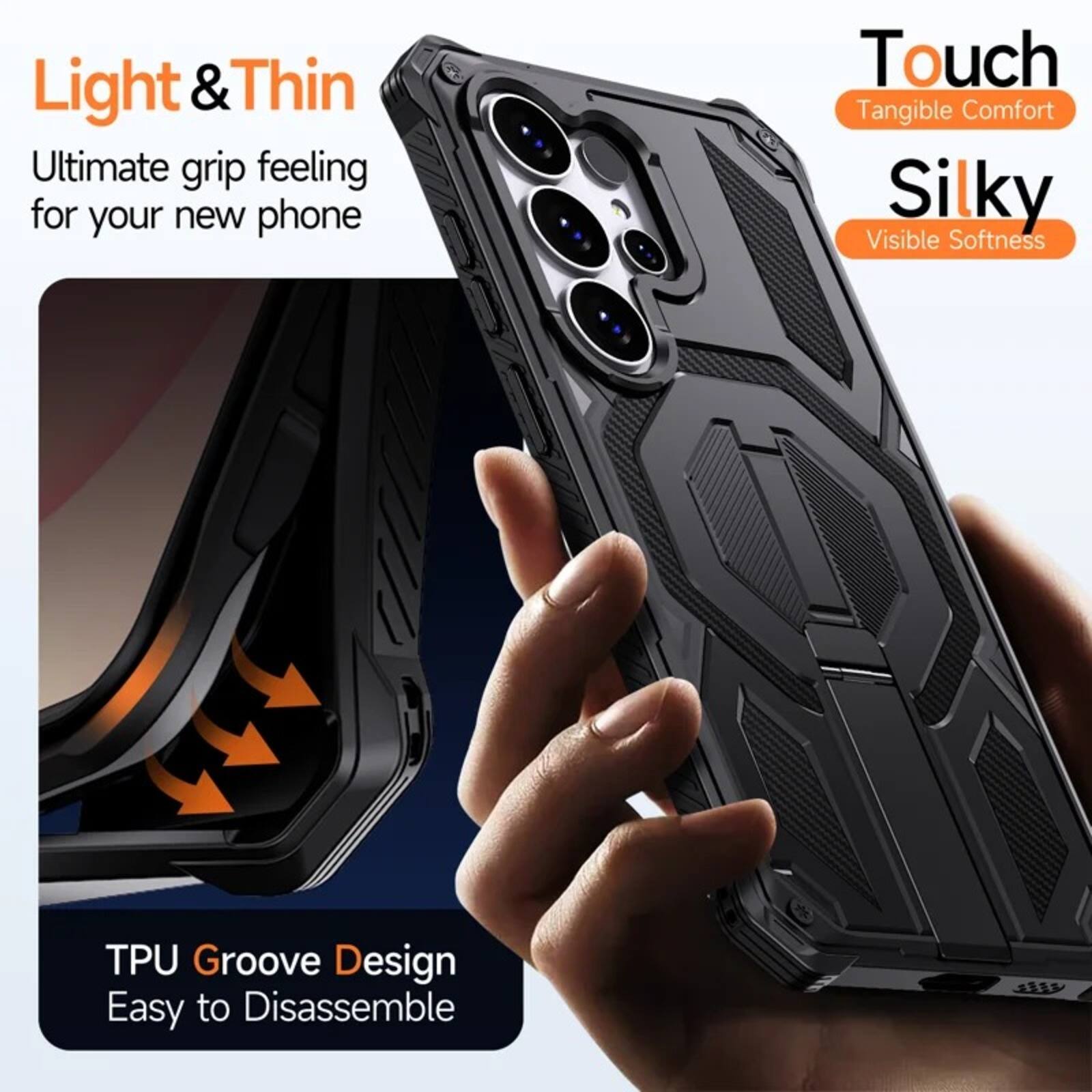 Light & Thin  
Ultimate grip feeling for your new phone  

Touch  
Tangible Comfort  

Silky  
Visible Softness  

TPU Groove Design  
Easy to Disassemble