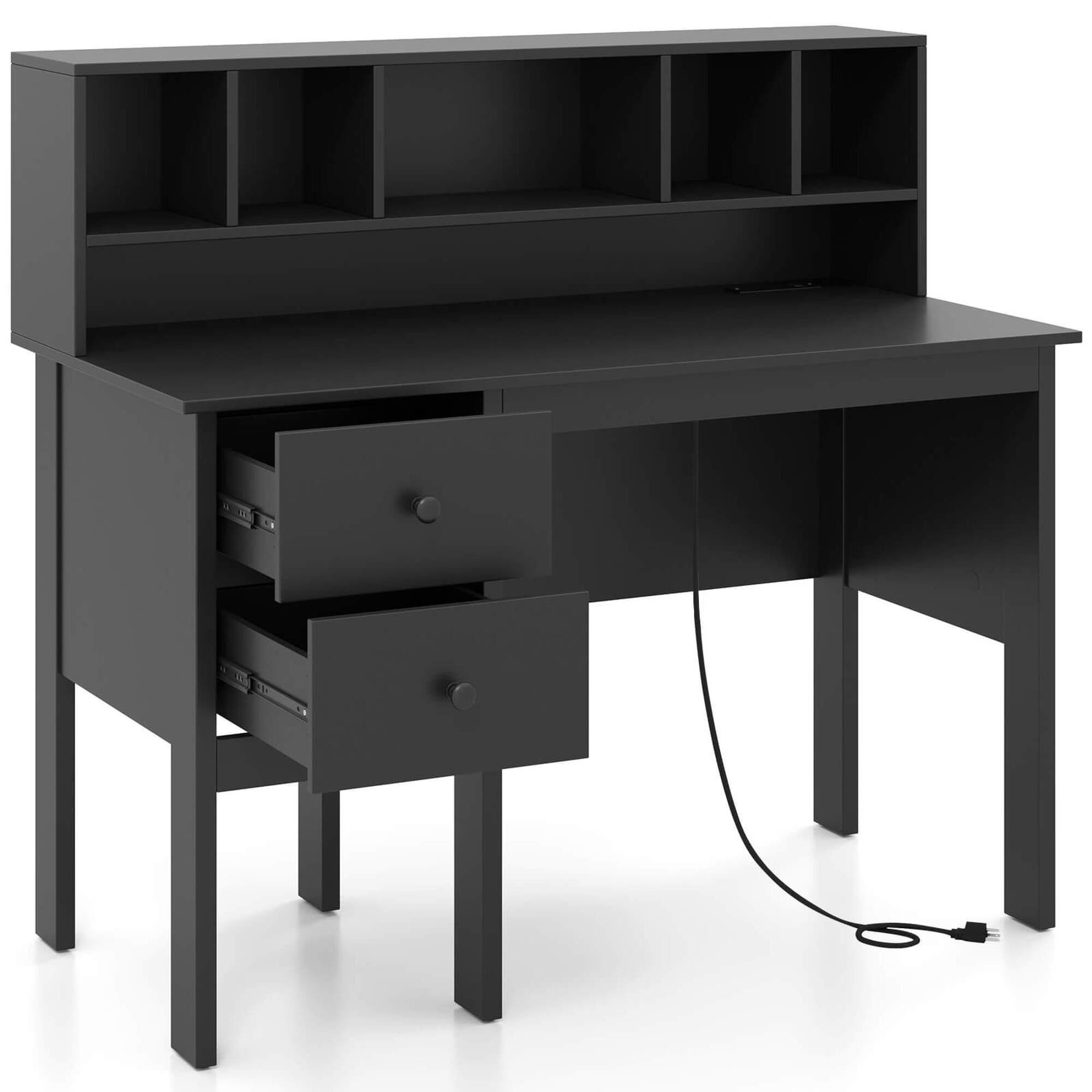 Angle. Costway - Costway 48" Computer Desk with Power Outlets Type-C 5-Cubby Hutch & 2 Storage Drawers Black - Black.