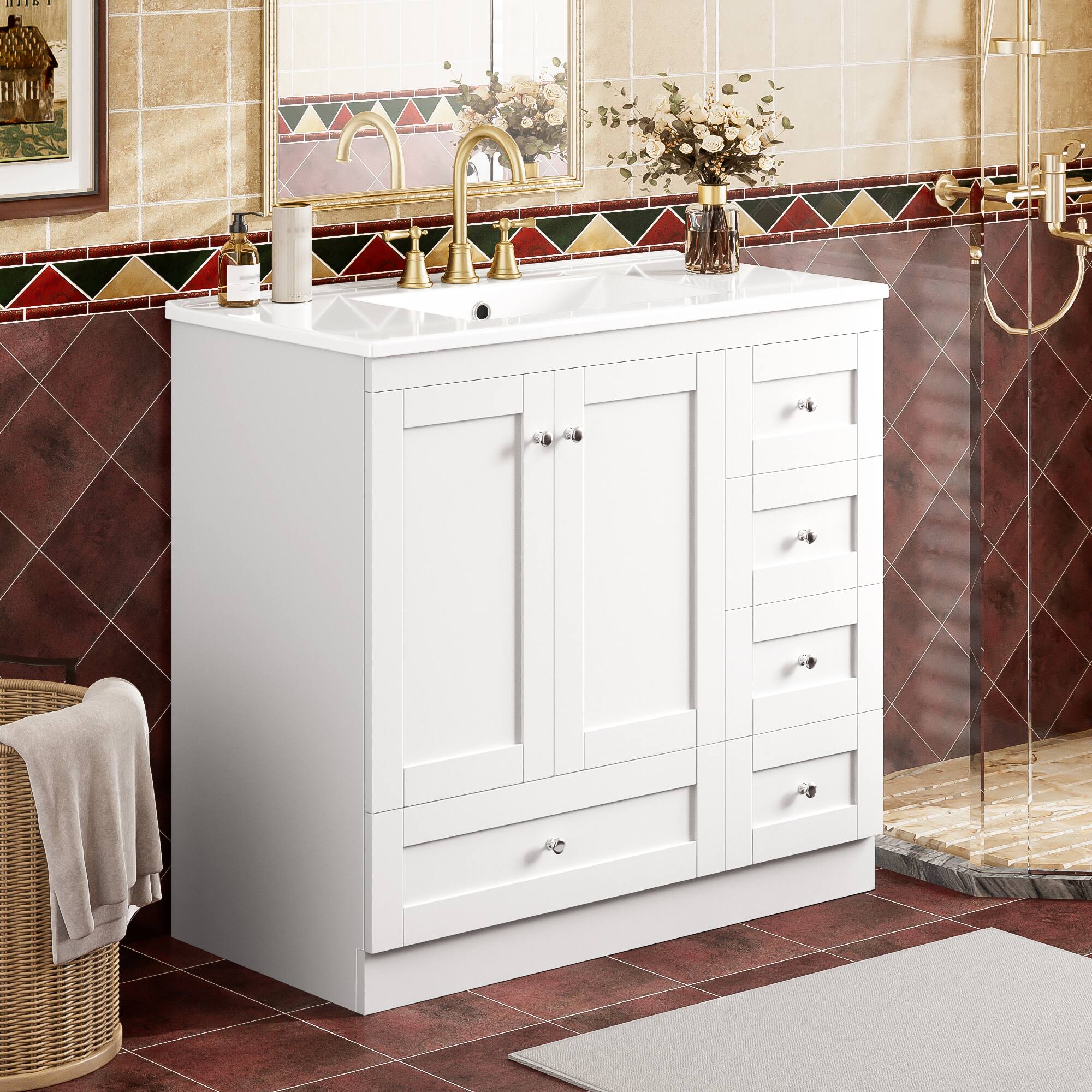 Alt View 9. Glintex - 36" Bathroom Vanity with Sink, Shaker Style Cabinet, 4 Drawers and 2 Doors, Free-Standing Storage Vanity - White.