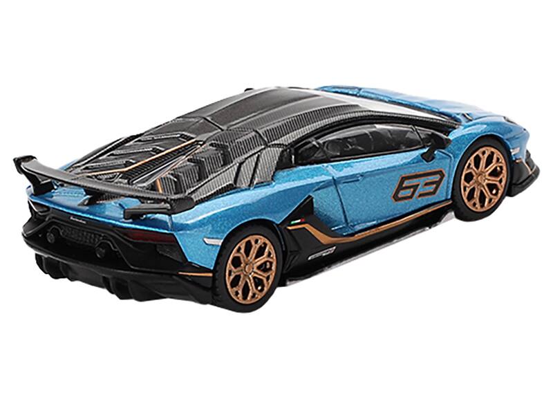 Left. Mini GT - Lamborghini Aventador SVJ 63 Blu Aegir Blue Metallic with Carbon Top Limited Edition 1/64 Diecast Model Car by Mini GT - Blue Metallic.