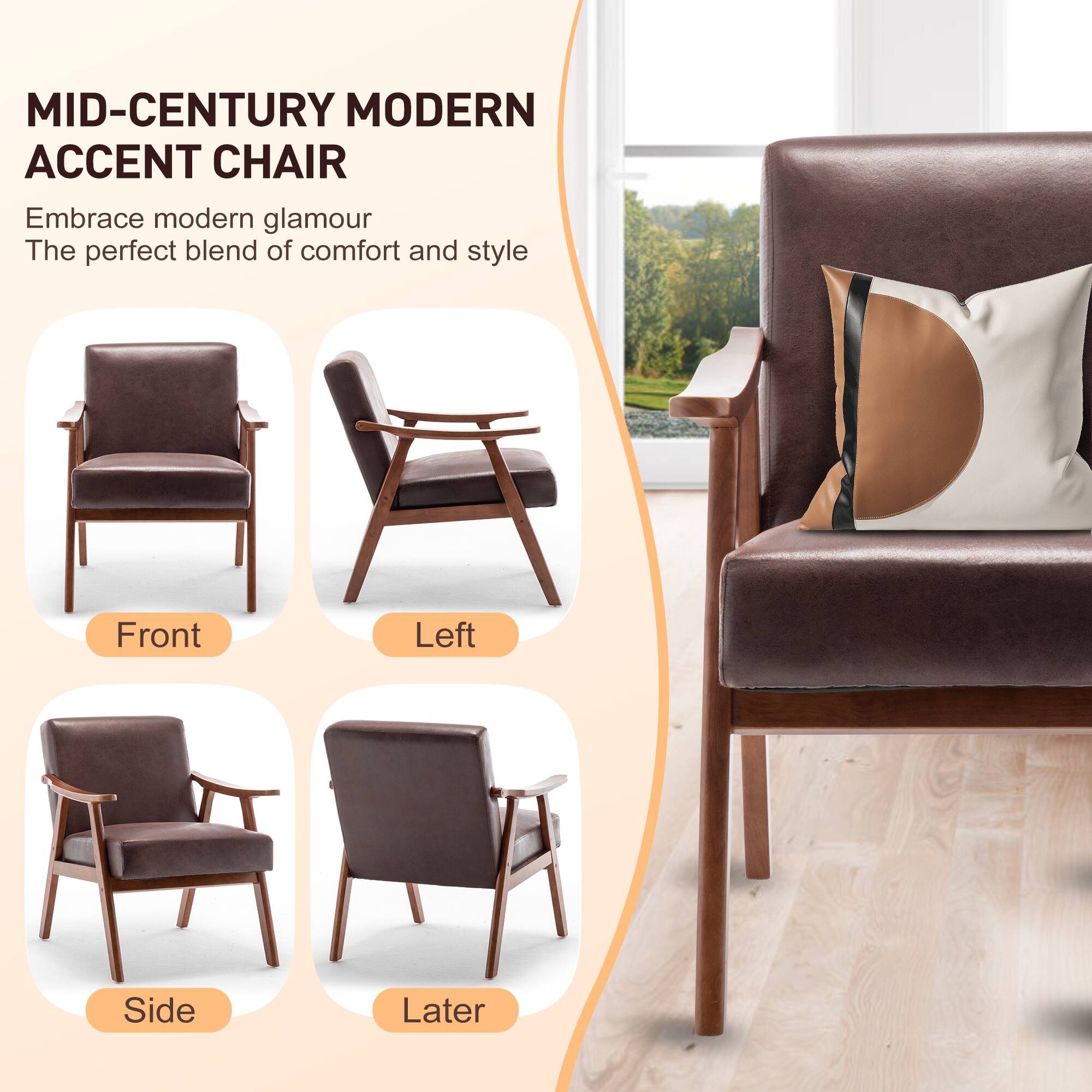 MID-CENTURY MODERN ACCENT CHAIR

Embrace modern glamour  
The perfect blend of comfort and style

Front  
Left  
Side  
Later
