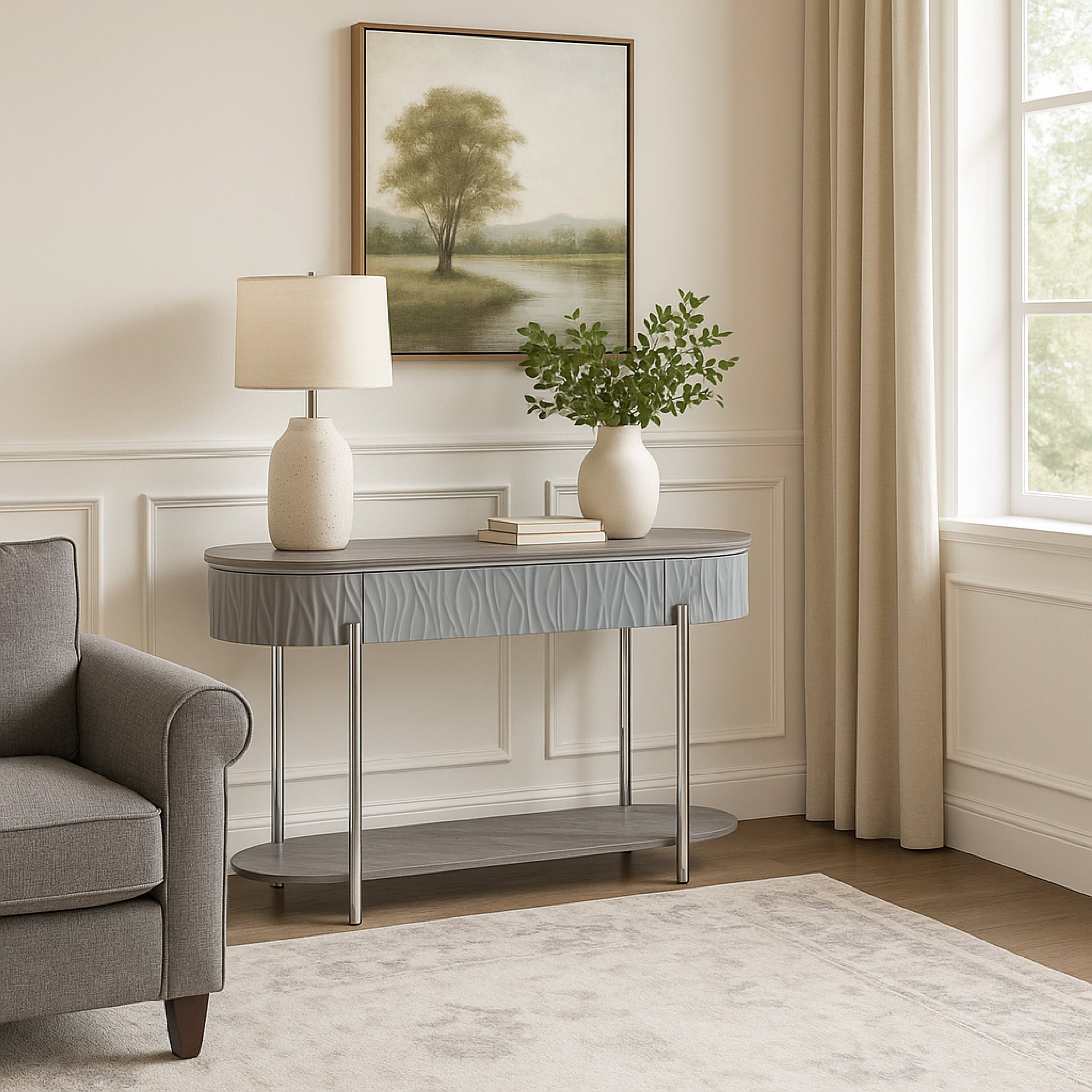 Alt View 5. Manhattan Lane - Doug Sofa Table, Gray High Gloss Wood, Drawers, Chrome Metal, 47 Inch - Gray, Chrome.