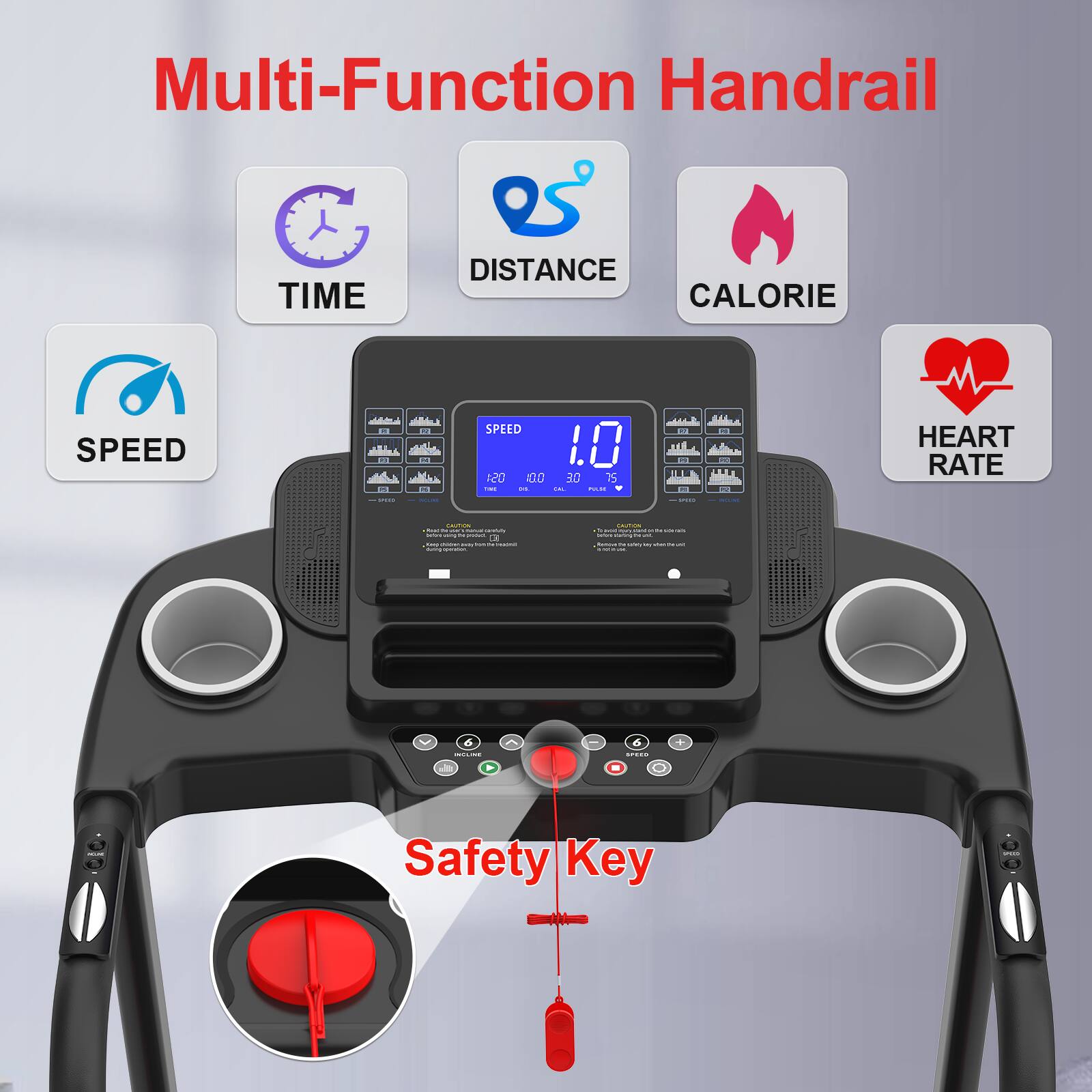 Multi-Function Handrail

- TIME
- DISTANCE
- CALORIE
- SPEED
- HEART RATE

Safety Key
