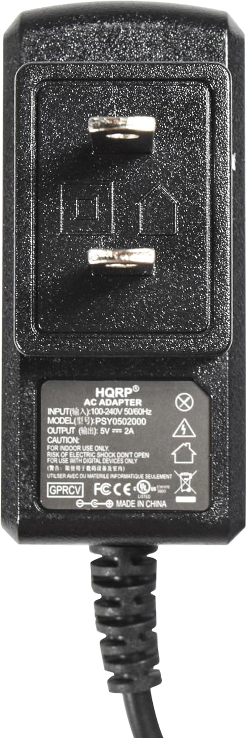 HQRP AC ADAPTER  
INPUT: 100-240V 50/60Hz  
MODEL: PSY0502000  
OUTPUT: 5V - 2A  

CAUTION: FOR INDOOR USE ONLY  
RISK OF ELECTRIC SHOCK - DON'T OPEN  
FOR USE WITH DIGITAL DEVICES ONLY  
UTILISER AVEC DU MATERIEL INFORMATIQUE SEULEMENT  

GPRCV  
FCCE  
UL LISTED  
MADE IN CHINA