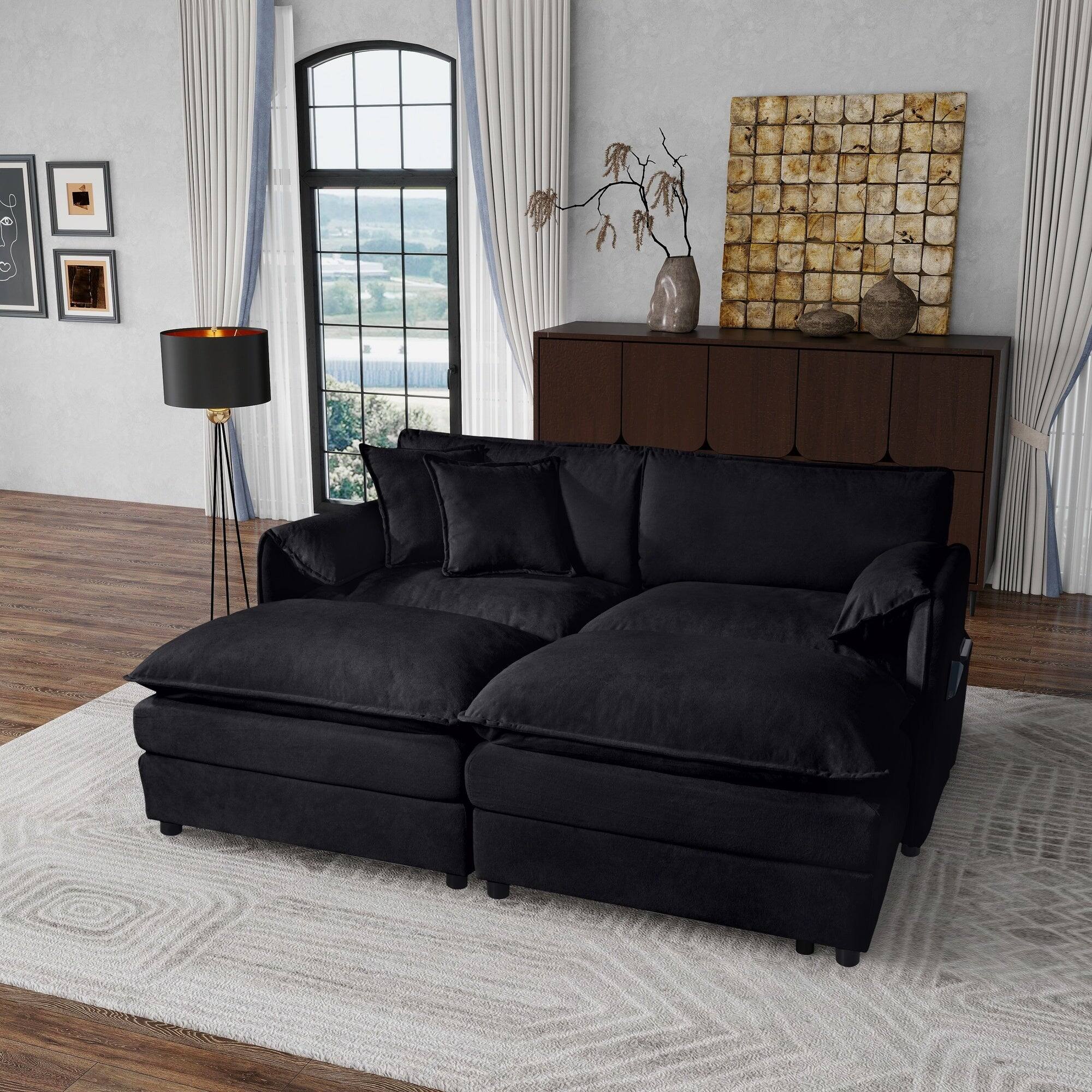 Alt View 2. Boyel Living - Modern Minimalist Black Chenille Sofa with Side Storage Pockets 4-Seat - Black.