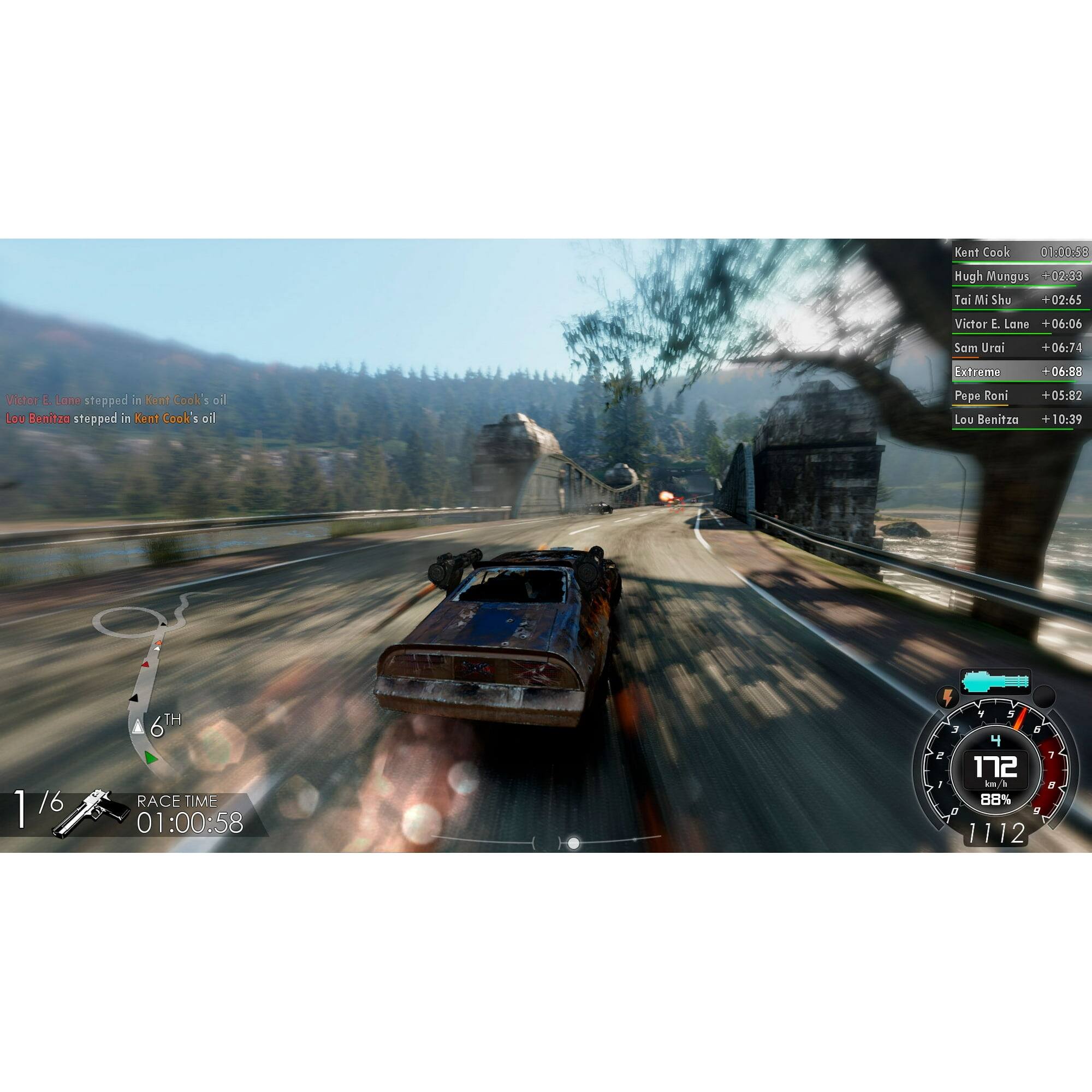 Kent Cook 01:00:58, Hugh Mungus +02:33, Tai Mi Shu +02:65, Victor E. Lane +06:06, Samurai +06:74, Extreme +06:88, Victor E. Lane stepped in Kent Cook's oil, Lou Benitza stepped in Kent Cook's oil, Pepe Roni +05:02, Lou Benitza +10:39, 1/6, 1/6, 6th, RACE TIME 01:00:58, 172, 88%, 1112