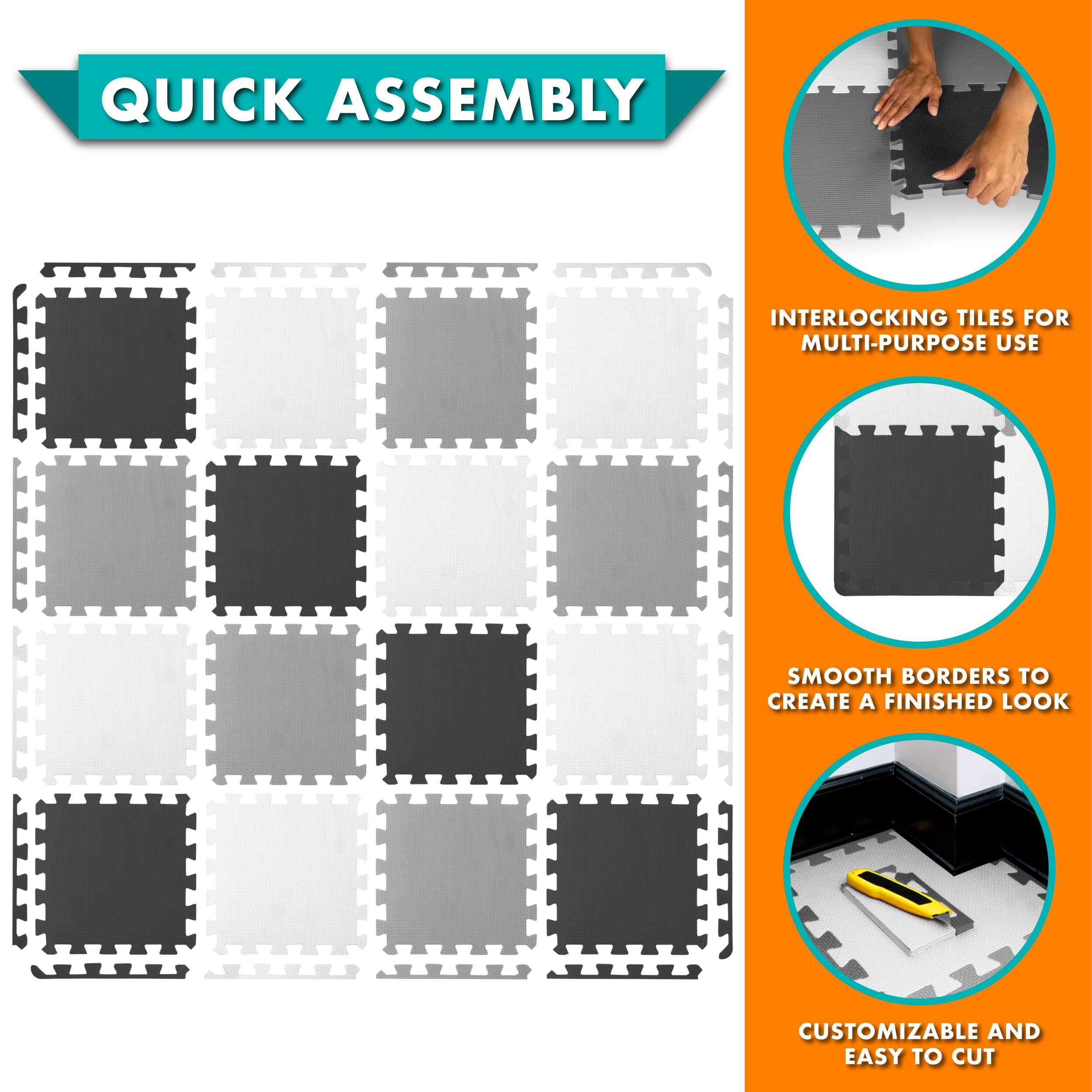 QUICK ASSEMBLY INTERLOCKING TILES FOR MULTI-PURPOSE USE: CREATE A FINISHED LOOK WITH SMOOTH BORDERS, CUSTOMIZABLE AND EASY TO CUT.