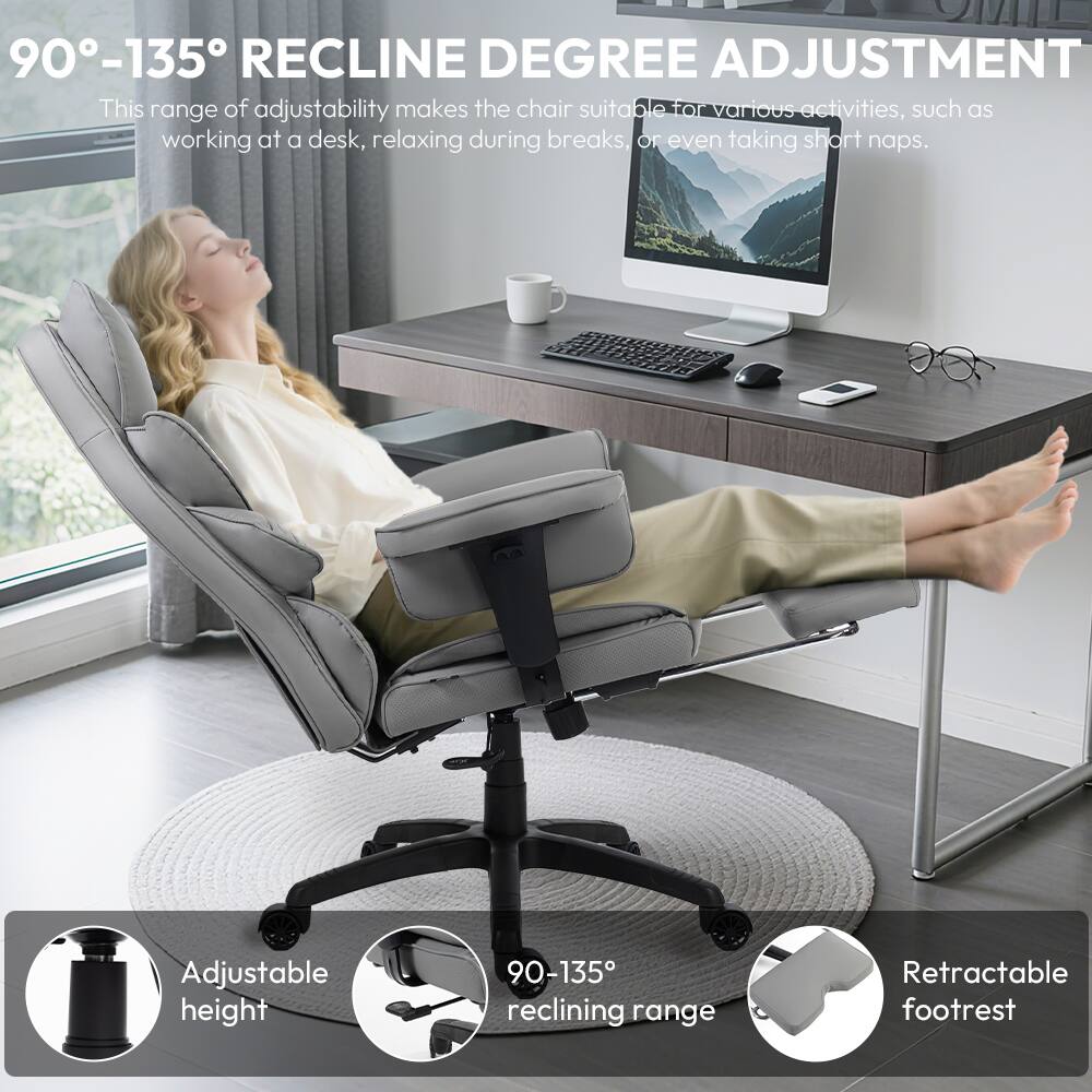 90°-135° RECLINE DEGREE ADJUSTMENT

This range of adjustability makes the chair suitable for various activities, such as working at a desk, relaxing during breaks, or even taking short naps.

- Adjustable height
- 90°-135° reclining range
- Retractable footrest