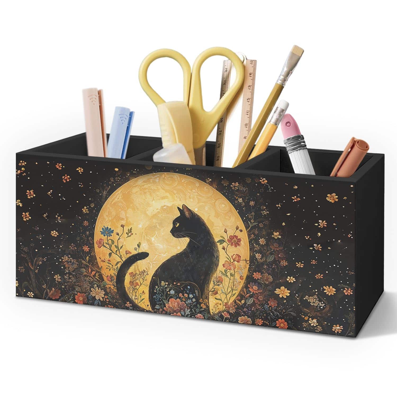 Vulpecula Spade - Witchy Black Cat Pen Holder for Home Office Desk, Cat Lover Gifts, Witchy Moonlight Floral Black Cats Makeup Brush