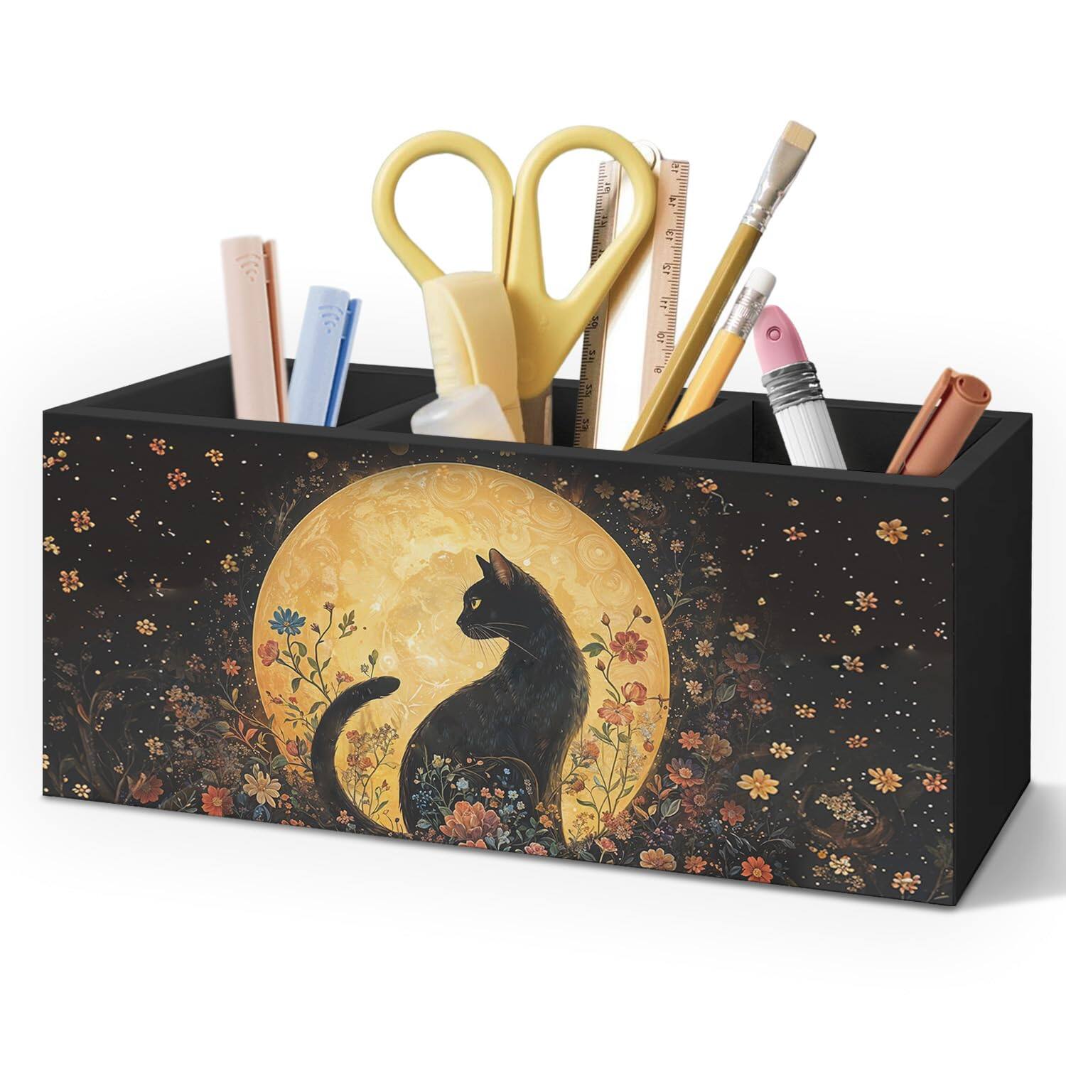 Front. Vulpecula Spade - Witchy Black Cat Pen Holder for Home Office Desk, Cat Lover Gifts, Witchy Moonlight Floral Black Cats Makeup Brush.