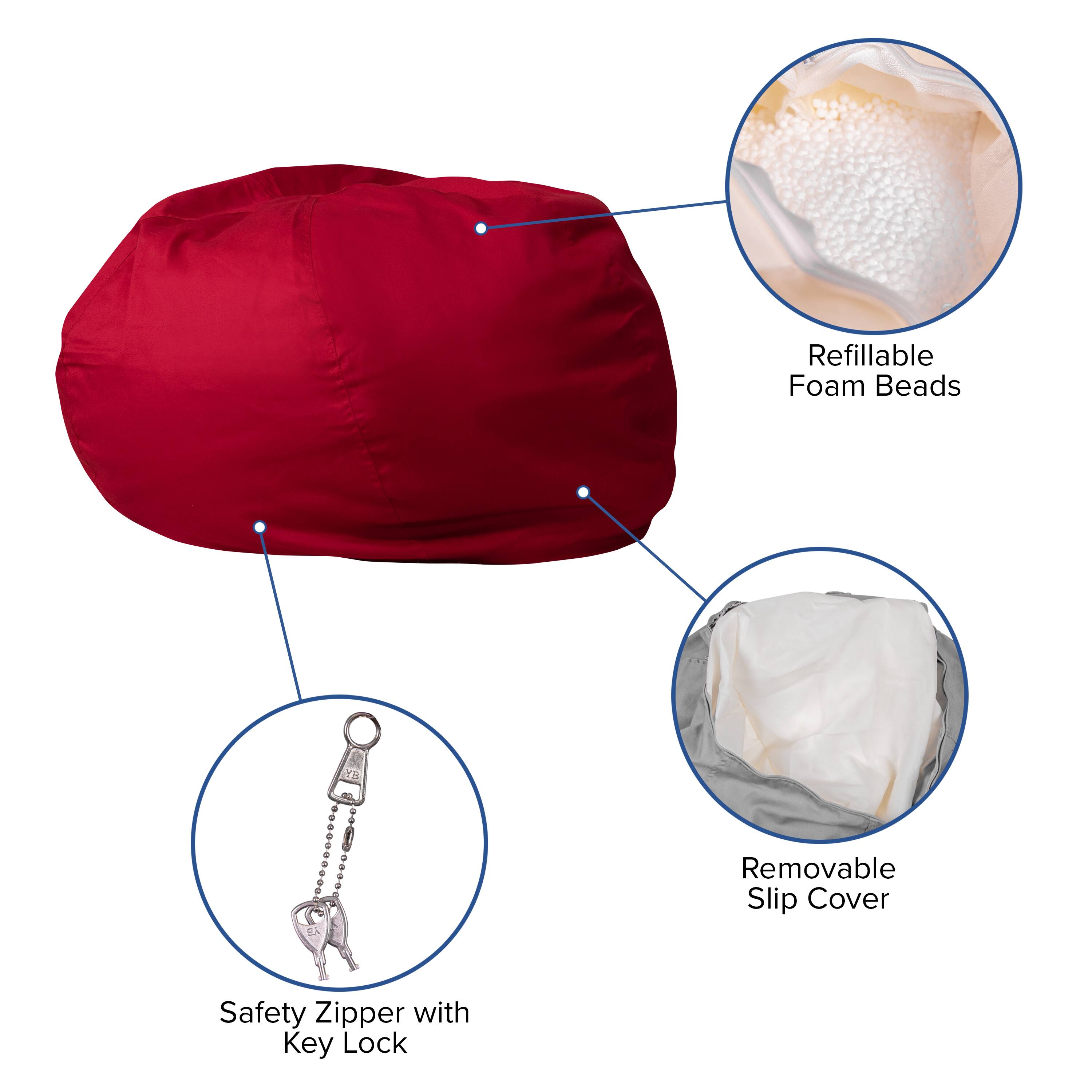 Refillable Foam Beads  
Removable Slip Cover  
Safety Zipper with Key Lock