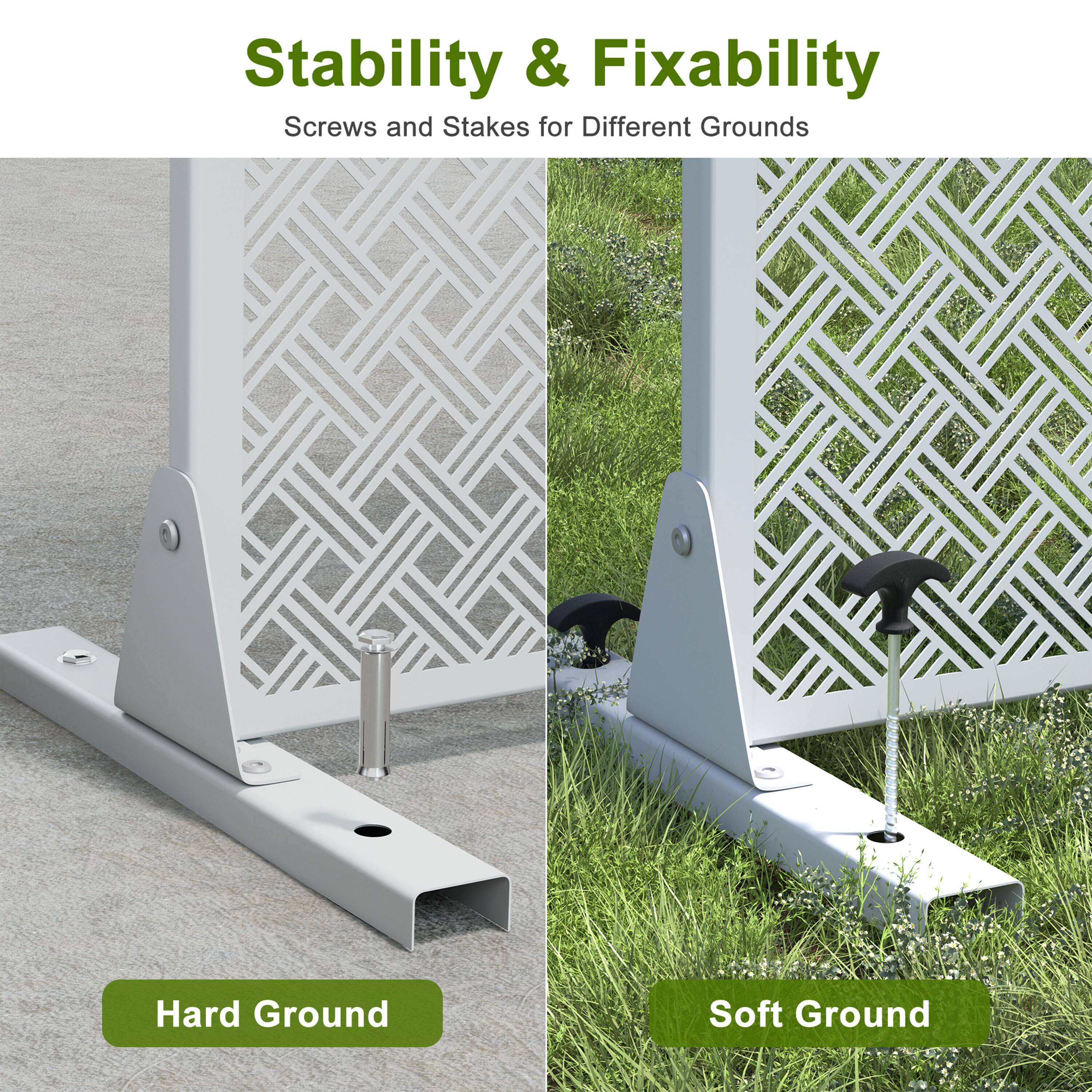 Stability & Fixability  
Screws and Stakes for Different Grounds  

Hard Ground  
Soft Ground