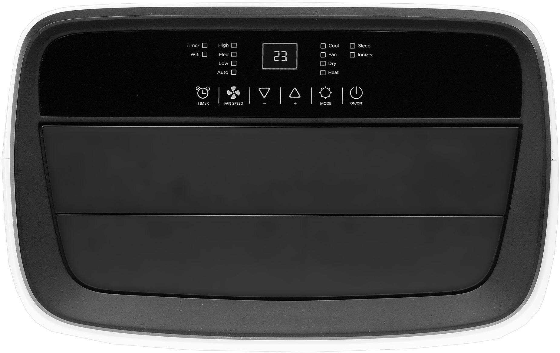 The image shows a black electronic device with a timer and fan speed settings. The timer options include high, medium, low, and sleep. The fan speed options include cool, dry, and auto. The device also has an on/off switch for the fan and timer. The timer is set to 23 degrees, which is likely the temperature setting for the cooling fan. The device is designed to regulate temperature and fan speed for comfort and energy efficiency.