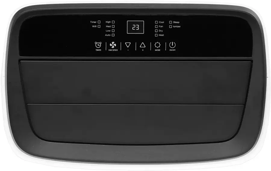 The image shows a black electronic device with a timer and fan speed settings. The timer options include high, medium, low, and sleep. The fan speed options include cool, dry, and auto. The device also has an on/off switch for the fan and timer. The timer is set to 23 degrees, which is likely the temperature setting for the cooling fan. The device is designed to regulate temperature and fan speed for comfort and energy efficiency.