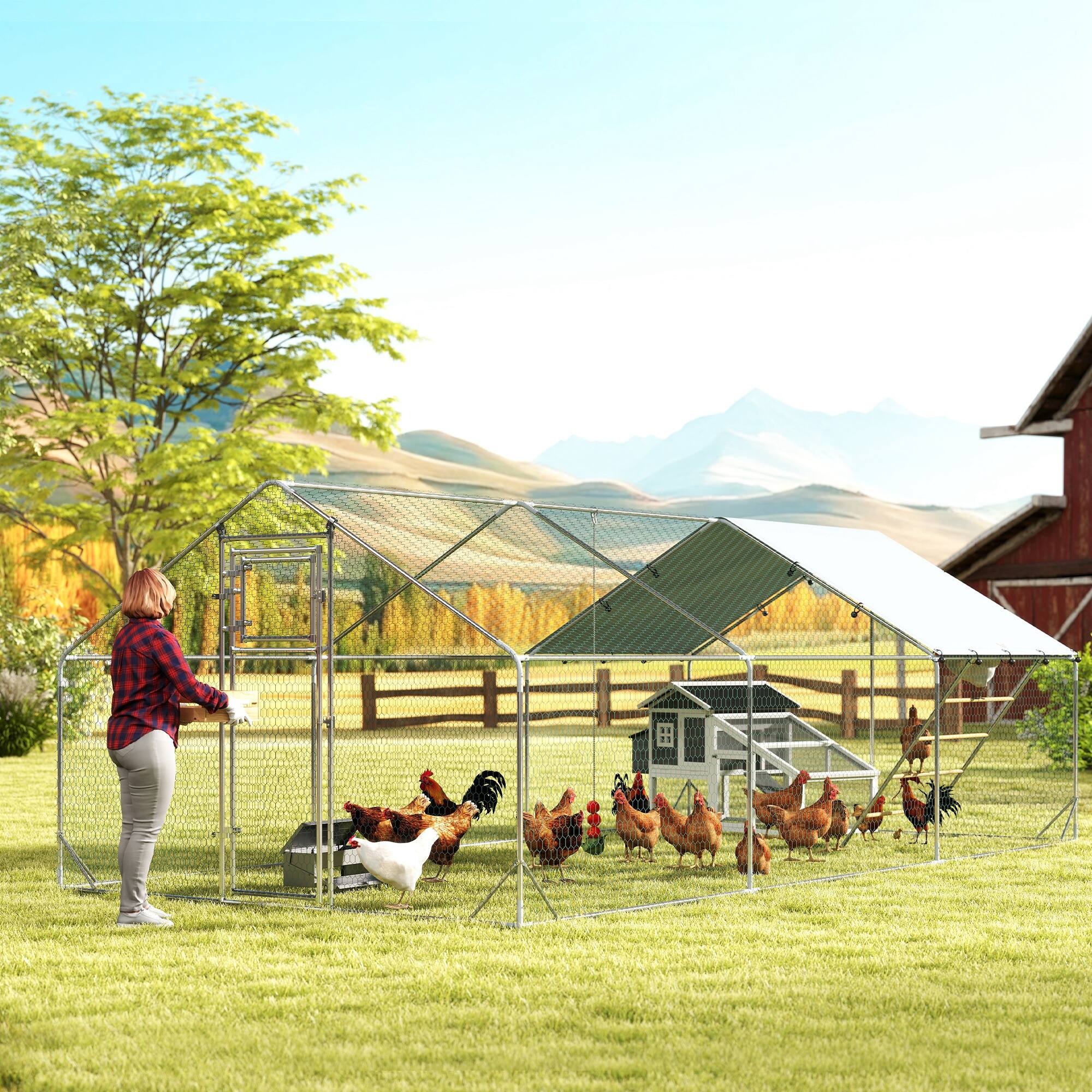 Angle. Pawhut - Large Metal Chicken Coop, Walk in Chicken Run with Waterproof & Anti-UV Cover, Feeding Door, Hanging Feeder - Silver.
