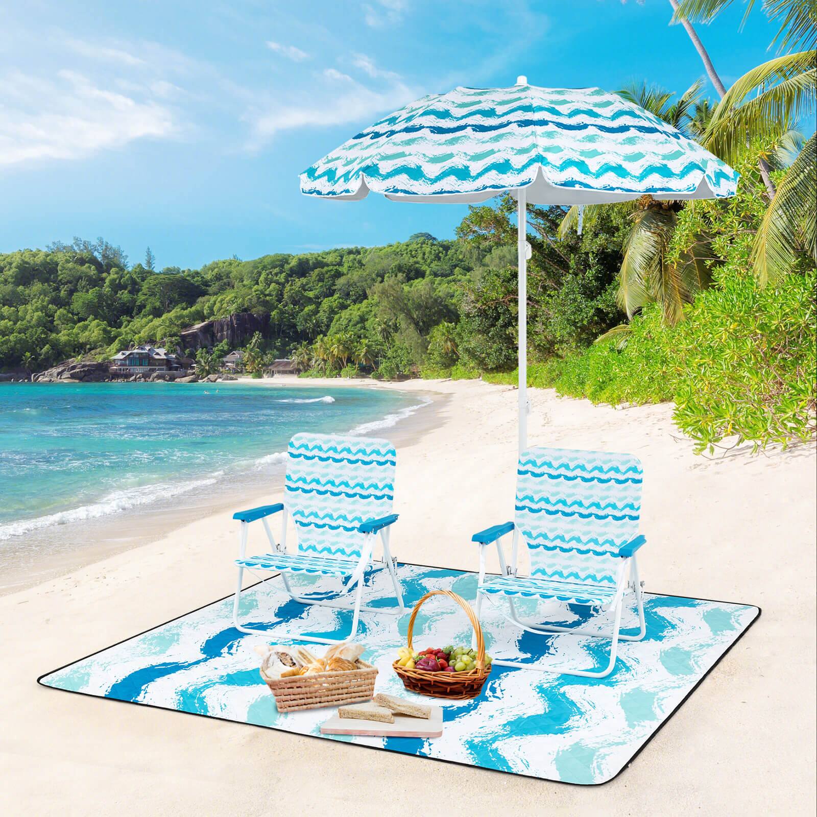 Alt View 3. Costway - Costway 4 PCS Beach Umbrella Set with 2 Foldable Chairs & Picnic Blanket, Tilt Mechanism - Blue.