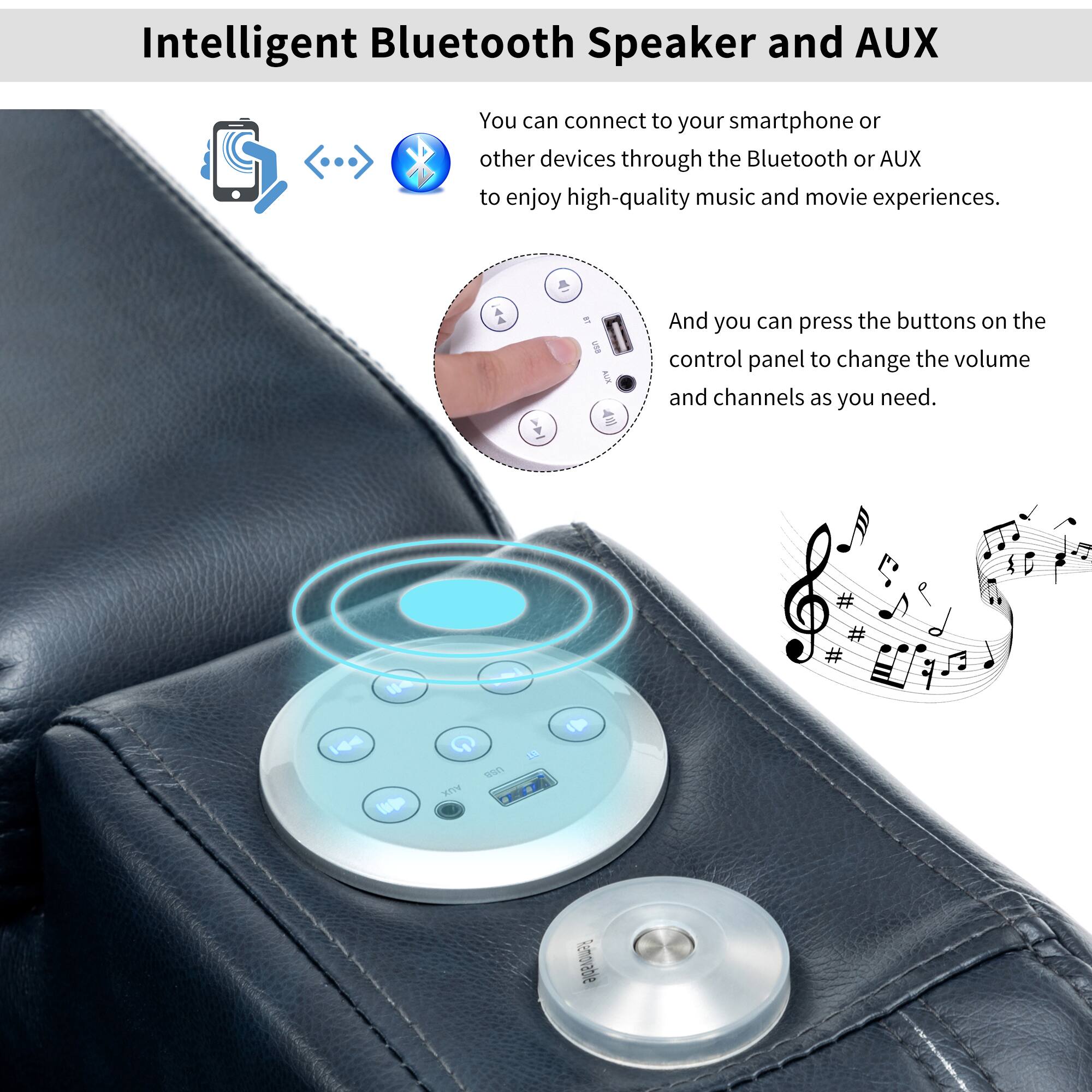 Intelligent Bluetooth Speaker and AUX

You can connect to your smartphone or other devices through the Bluetooth or AUX to enjoy high-quality music and movie experiences.

And you can press the buttons on the control panel to change the volume and channels as you need.