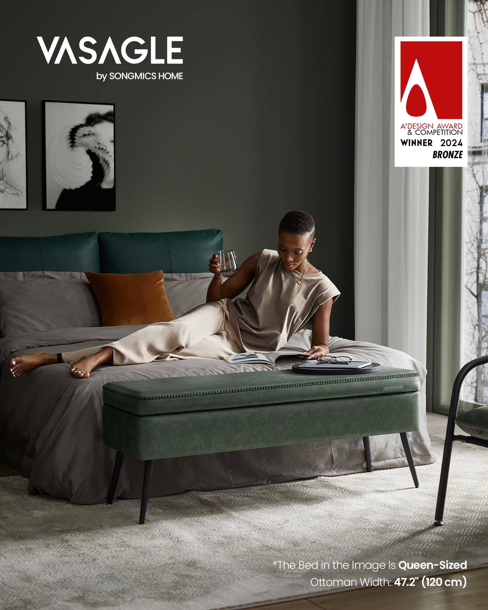 VASAGLE  
by SONGMICS HOME  

A'DESIGN AWARD & COMPETITION WINNER 2024 BRONZE  

*The Bed in the Image Is Queen-Sized Ottoman Width: 47.2" (120 cm)