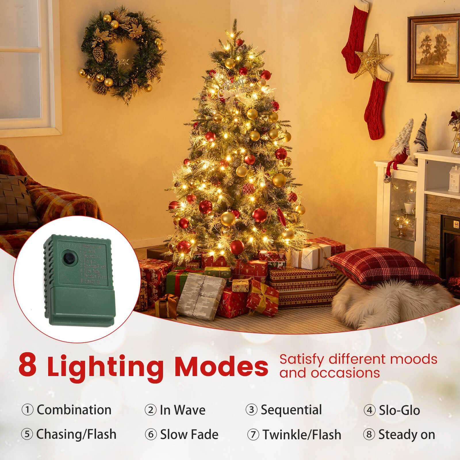 8 Lighting Modes  
Satisfy different moods and occasions  

1. Combination  
2. In Wave  
3. Sequential  
4. Slo-Glo  
5. Chasing/Flash  
6. Slow Fade  
7. Twinkle/Flash  
8. Steady on