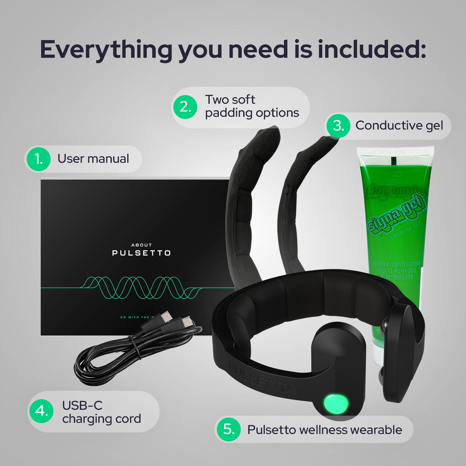 Everything you need is included:
1. User manual
2. Two soft padding options
3. Conductive gel
4. USB-C charging cord
5. Pulsetto wellness wearable

ABOUT PULSETTO
PULSETTO GEL ELECTRODE HIGHLY CONDUCTIVE MULTI-PURPOSE ELECTROLYTE