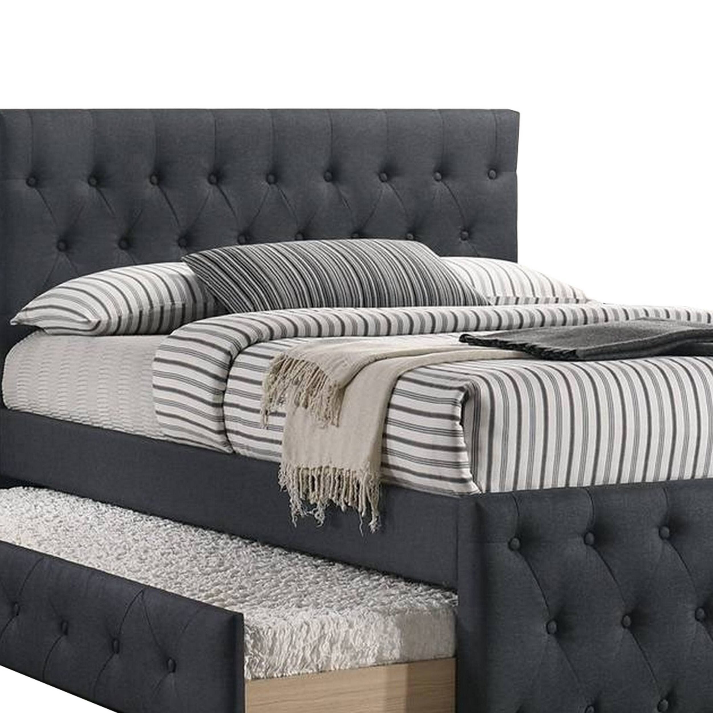 Alt View 3. Manhattan Lane - Nek Full Size Upholstered Bed with Twin Trundle, Tufted Charcoal Burlap - Charcoal Gray.