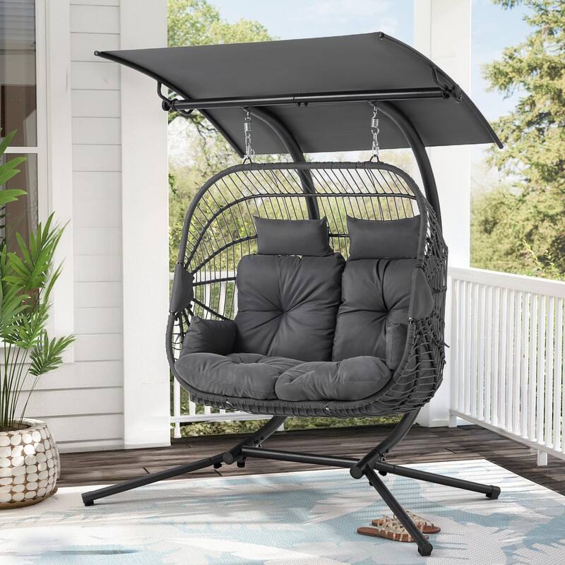 Front. U-HOMY - 2-Person Rattan Hanging Swing Chair with Canopy – Indoor/Outdoor Patio - Rectangle.