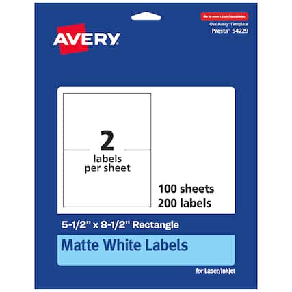 Go to avery.com/templates
AVERY
Use Avery™ Template Presta® 94229
2 labels per sheet
100 sheets 200 labels
5-1/2" x 8-1/2" Rectangle Matte White Labels for Laser/Inkjet