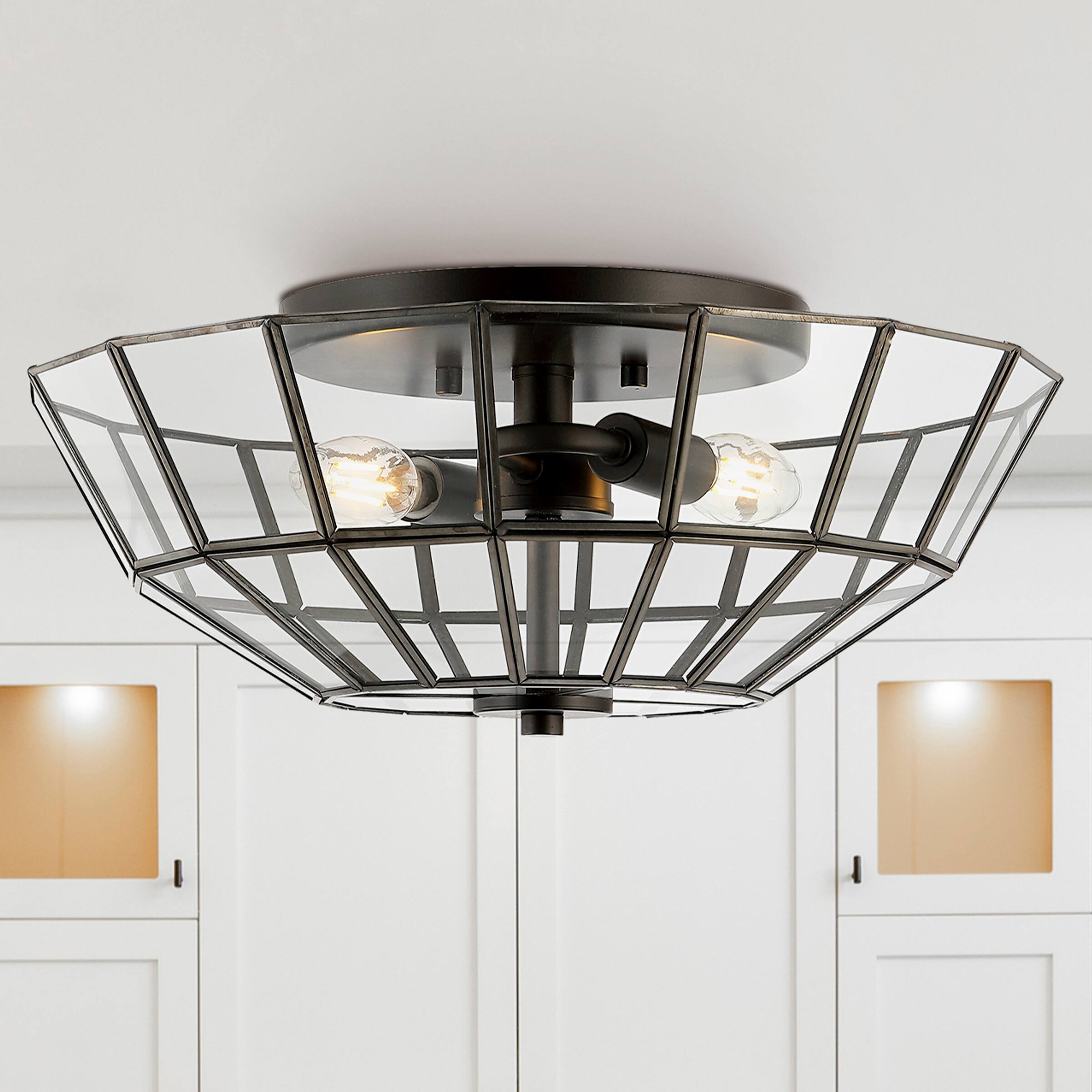 Alt View 1. Jonathan Y - Theo 15.5" 2-Light Farmhouse Rustic Iron/Glass LED Semi Flush Mount, Oil Rubbed Bronze/Clear - Oil Rubbed Bronze.