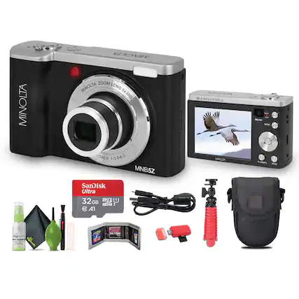 Sure, here is the corrected and grouped text:
**Camera:**
- MINOLTA
- MINOLTA ZOOM LENS 5x DIS
- 56.0 MEGA PIXELS
- 140.0 1:3.9-6.3
- MNB5Z
**Accessories:**
- SanDisk Ultra 32GB microSDHC UHS-I A1
- Digicards Lens Cleaner
- ULTIMATE
- Selfie Stick
- Camera Bag
**Additional Text:**
- SELFIE MODE
- PLAYBACK
- MENU