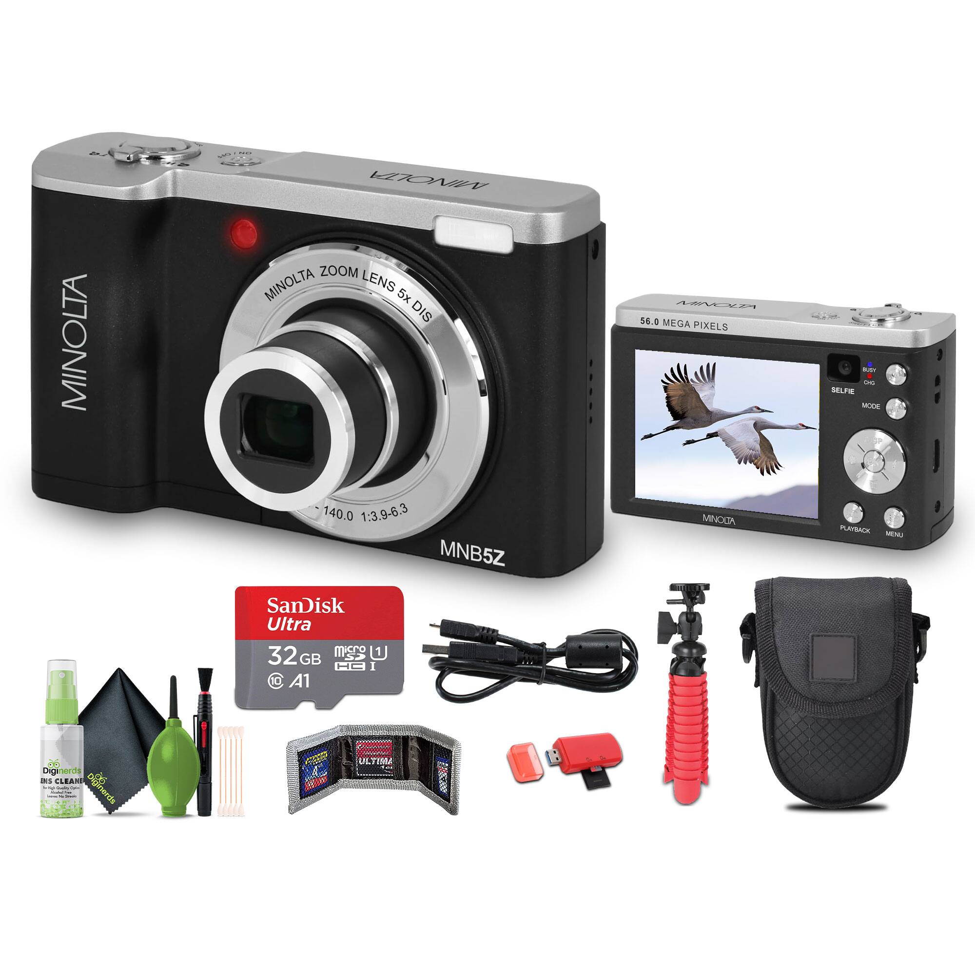 Sure, here is the corrected and grouped text:

**Camera:**
- MINOLTA
- MINOLTA ZOOM LENS 5x DIS
- 56.0 MEGA PIXELS
- 140.0 1:3.9-6.3
- MNB5Z

**Accessories:**
- SanDisk Ultra 32GB microSDHC UHS-I A1
- Digicards Lens Cleaner
- ULTIMATE
- Selfie Stick
- Camera Bag

**Additional Text:**
- SELFIE MODE
- PLAYBACK
- MENU