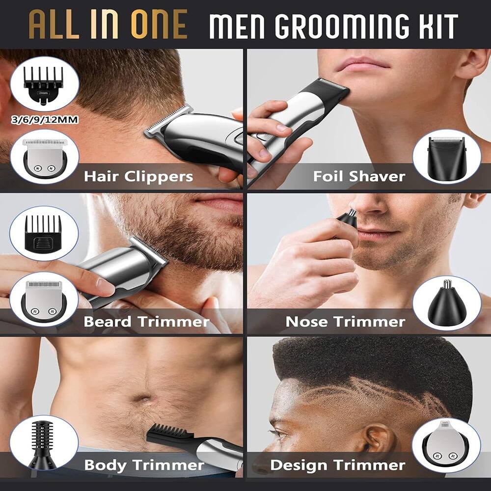 ALL IN ONE MEN GROOMING KIT

- 3/6/9/12MM Hair Clippers
- Foil Shaver
- Beard Trimmer
- Nose Trimmer
- Body Trimmer
- Design Trimmer