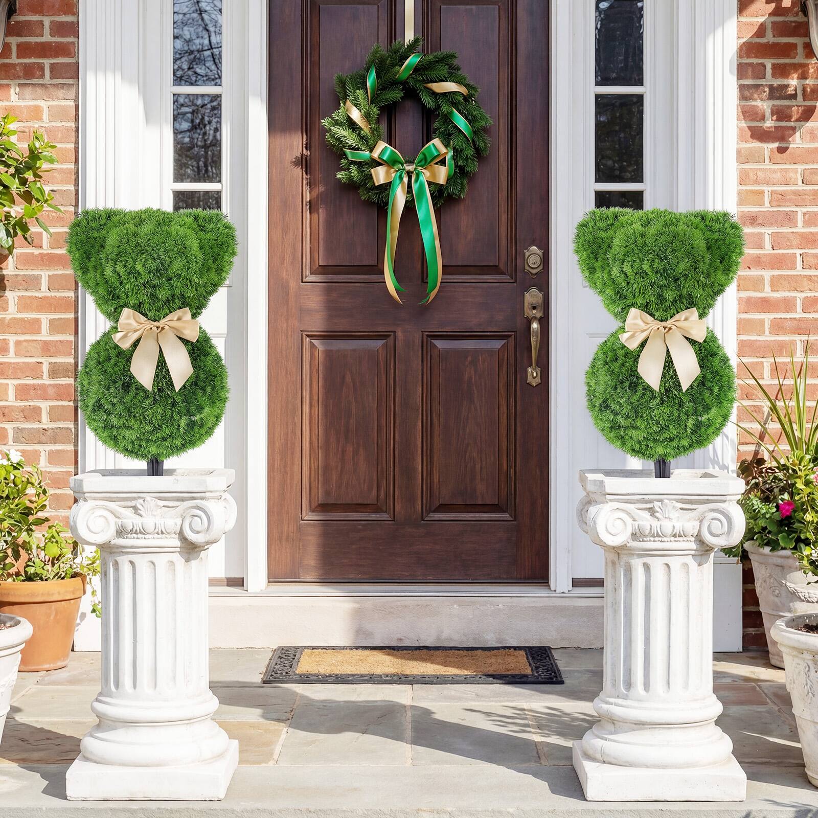 Alt View 3. Costway - Costway 2 Pcs Teddy Bear Topiary Trees, Sun-resistant Faux Boxwood Plants with Bowknot - Green + Golden.