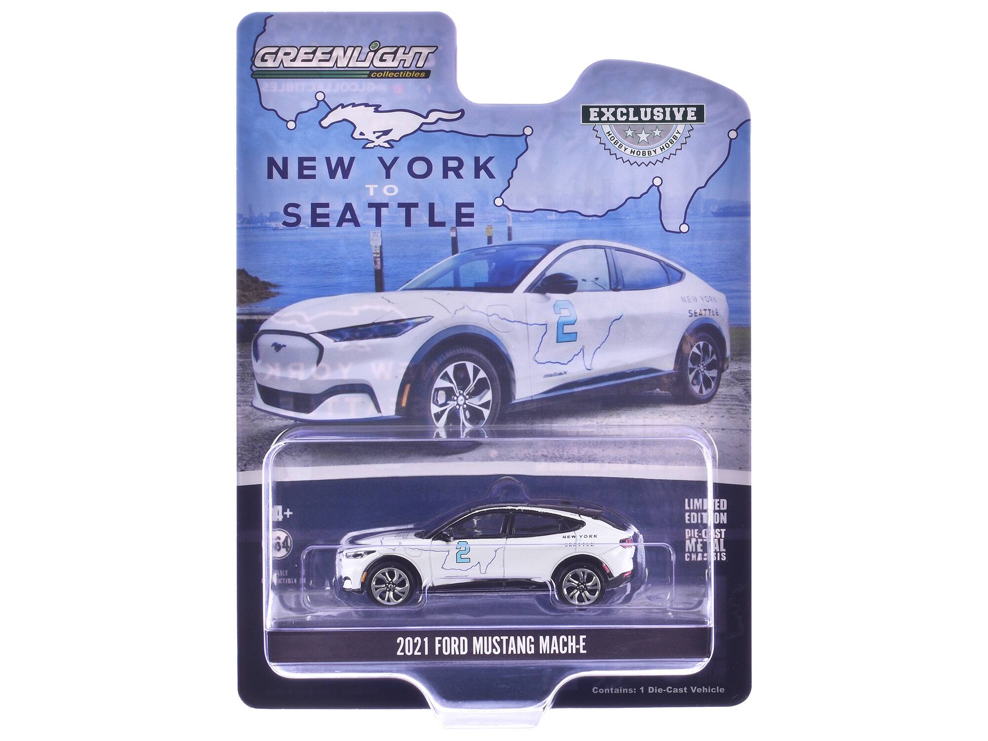 GREENLIGHT collectibles  
NEW YORK TO SEATTLE  
EXCLUSIVE  
LIMITED EDITION DIE-CAST METAL CHASSIS  
2021 FORD MUSTANG MACH-E  
Contains: 1 Die-Cast Vehicle