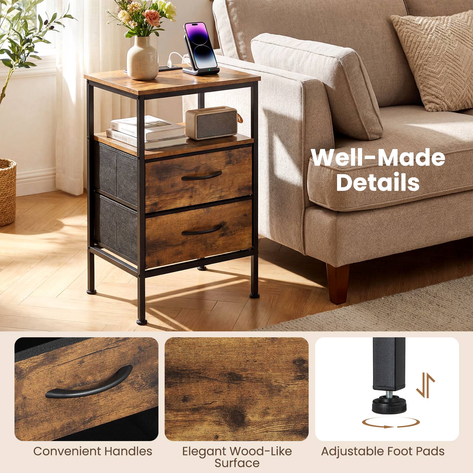 Well-Made Details

Convenient Handles

Elegant Wood-Like Surface

Adjustable Foot Pads