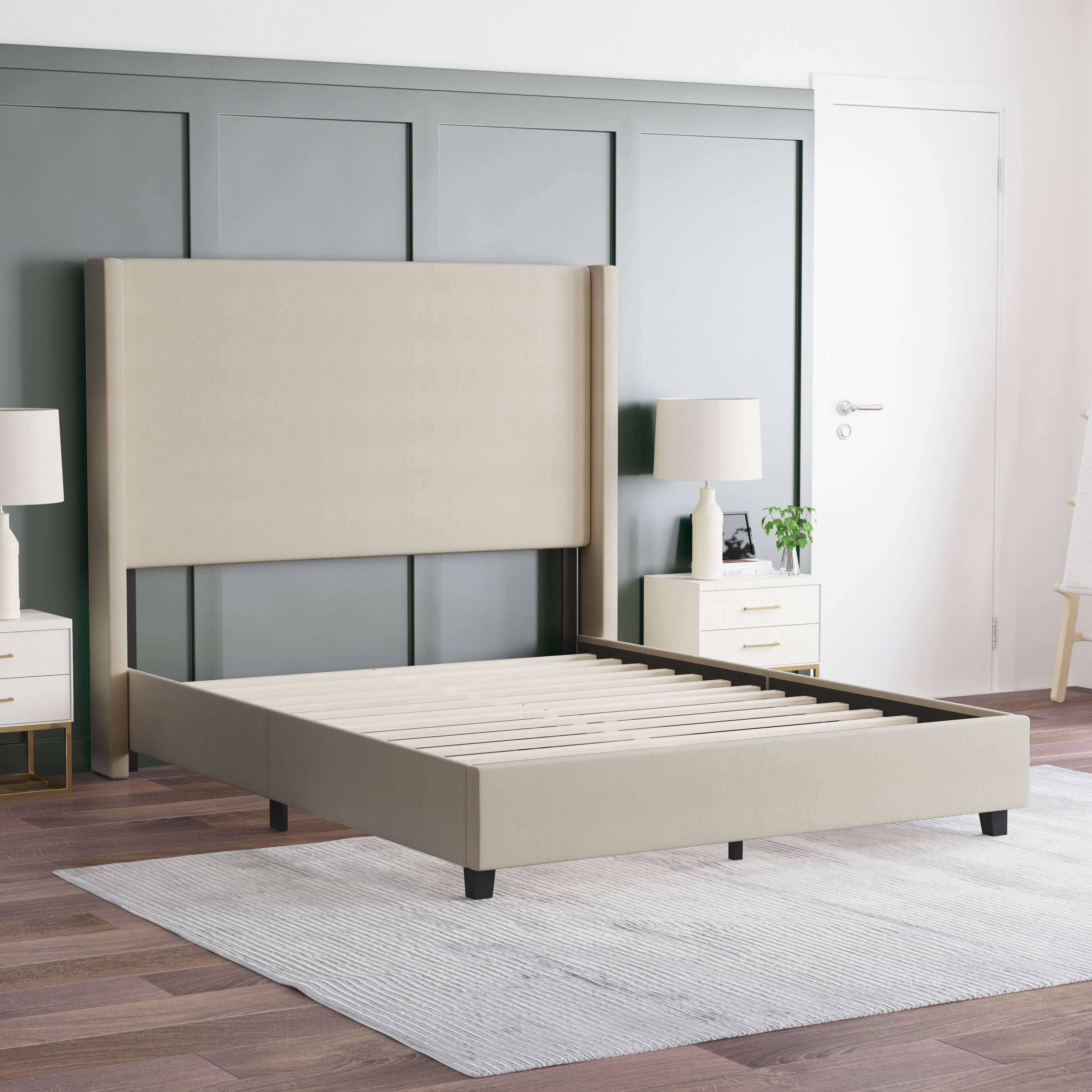 Alt View 3. Emma + Oliver - Nora upholstered Platform Bed with Plush Padded Wingback Headboard and Wood Support Slats - No Box Spring Needed - Beige.