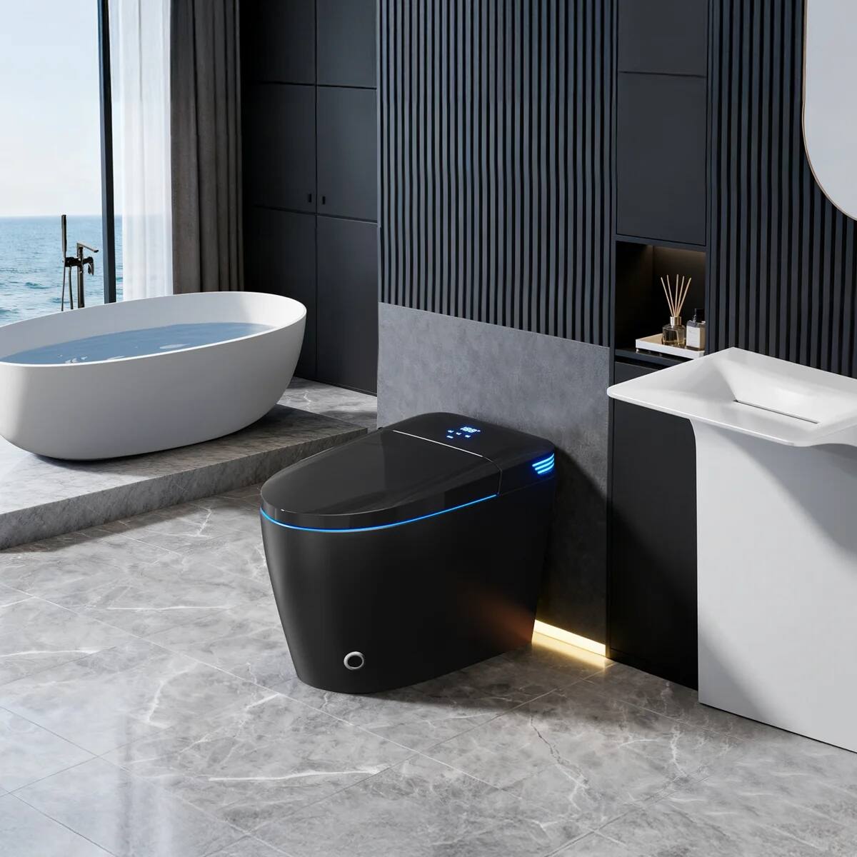 Alt View 7. Koligey - MTU5BK Smart Toilet With Advance Bidet And Auto-Open Lid, Soft-Closing Heat Seat, Tankless Auto Dual Flush - Black.