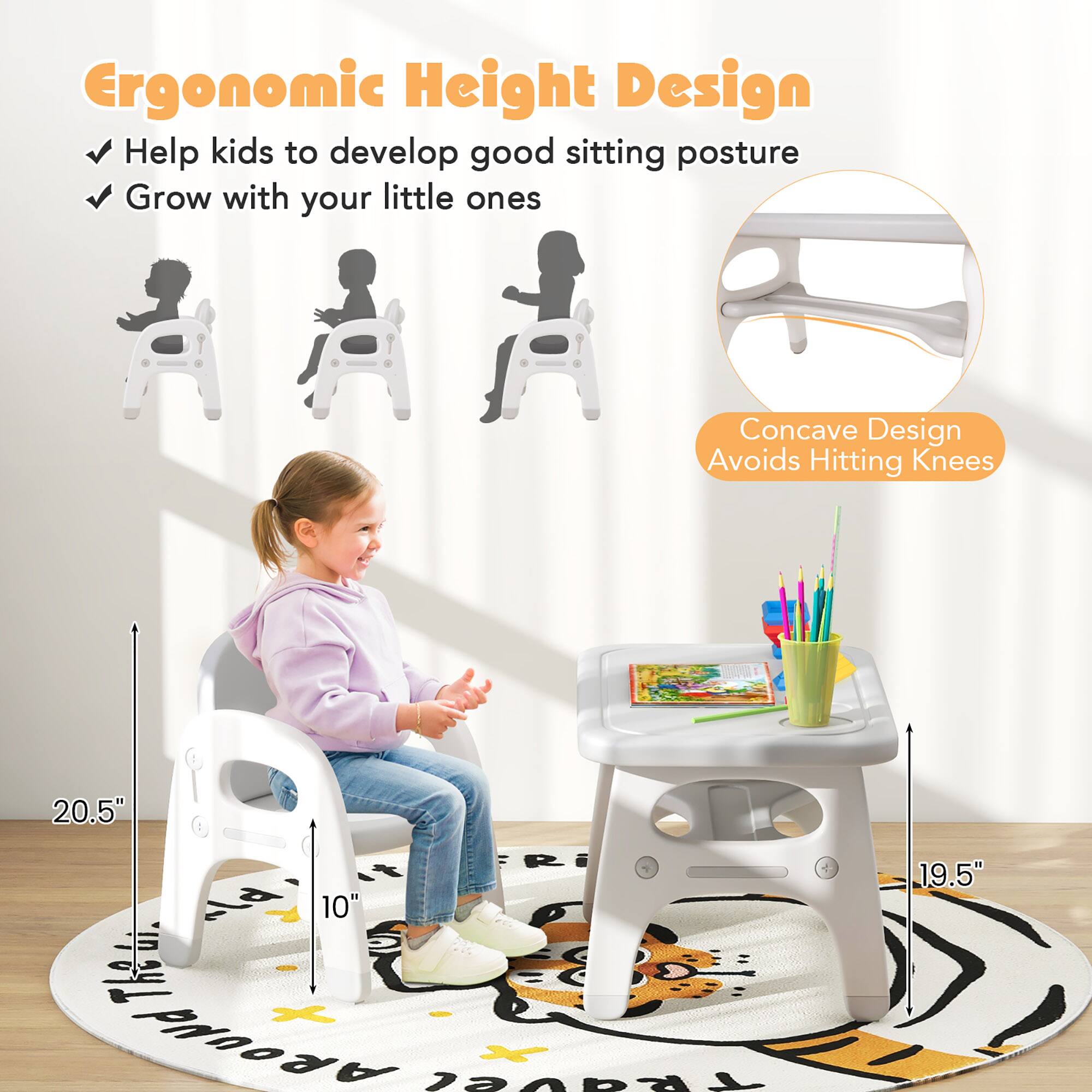 Ergonomic Height Design, Help kids to develop good sitting posture, Grow with your little ones, Concave Design Avoids Hitting Knees, 20.5", 10", 19.5"