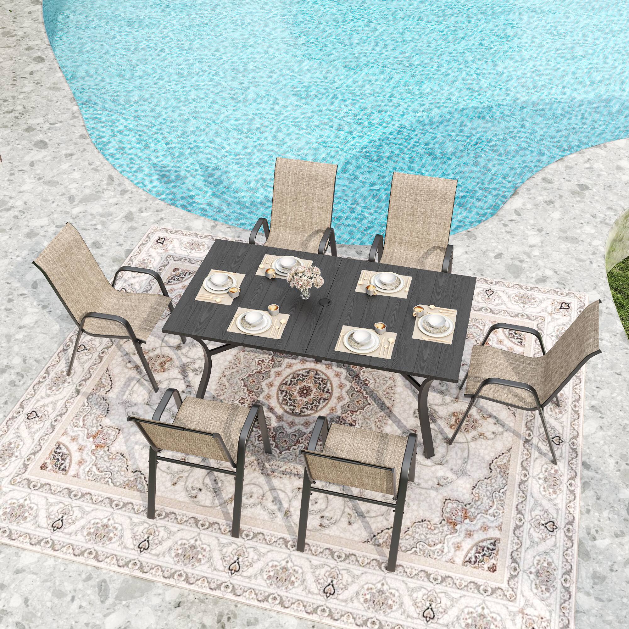 Left. Mondawe - 6-Piece Outdoor Dining Chairs Set, Teslin Fabric and Metal Frame - Blacky+Brown.