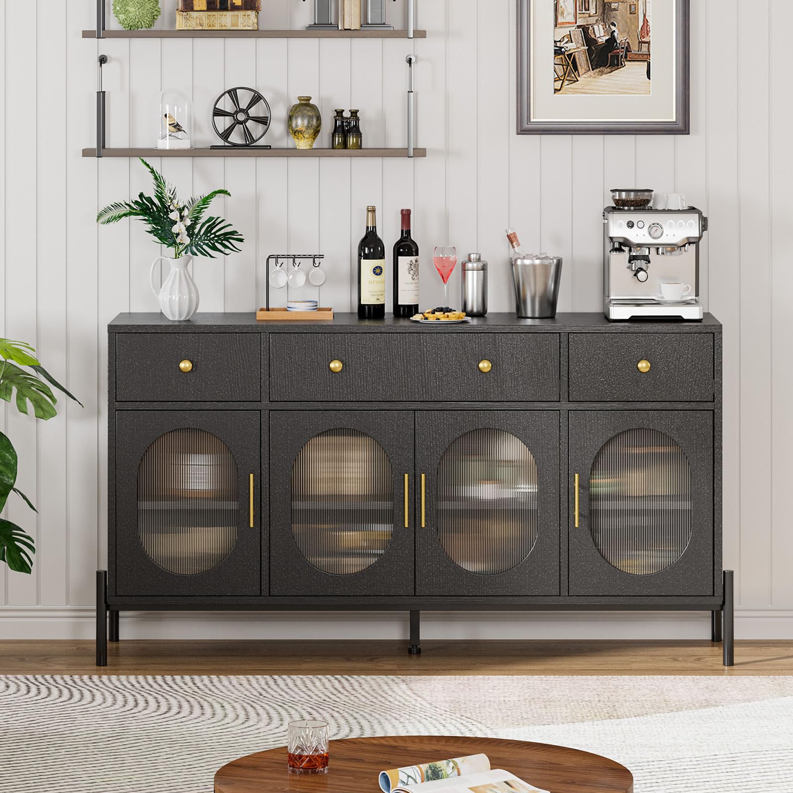Alt View 1. Homhougo - Buffet Cabinet with Storage,62'' Large Sideboard Buffet Cabinet - Black.