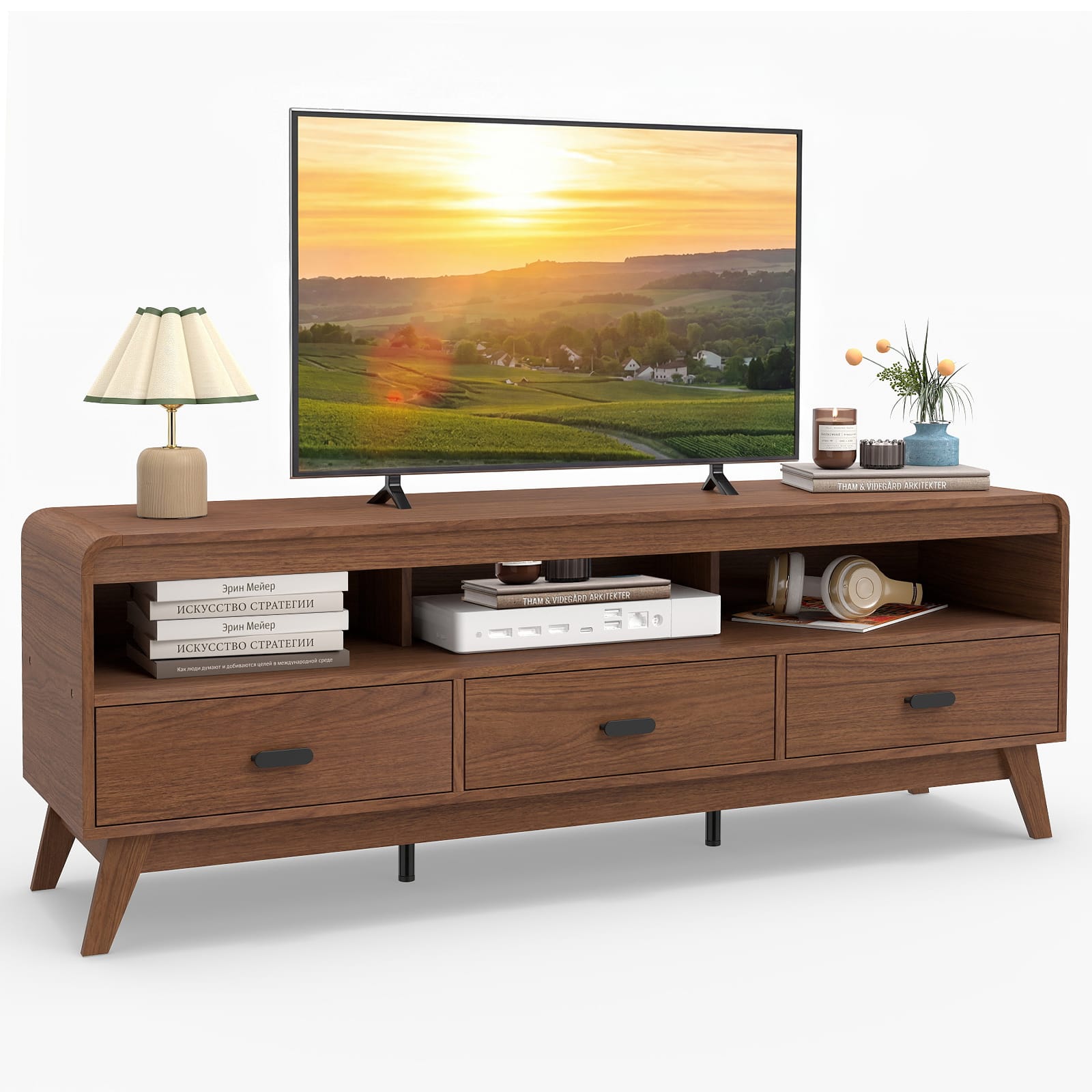 Gymax - TV Stand for TVs up to 70'' Mid Century Modern Entertainment Center TV Cabinet - Brown