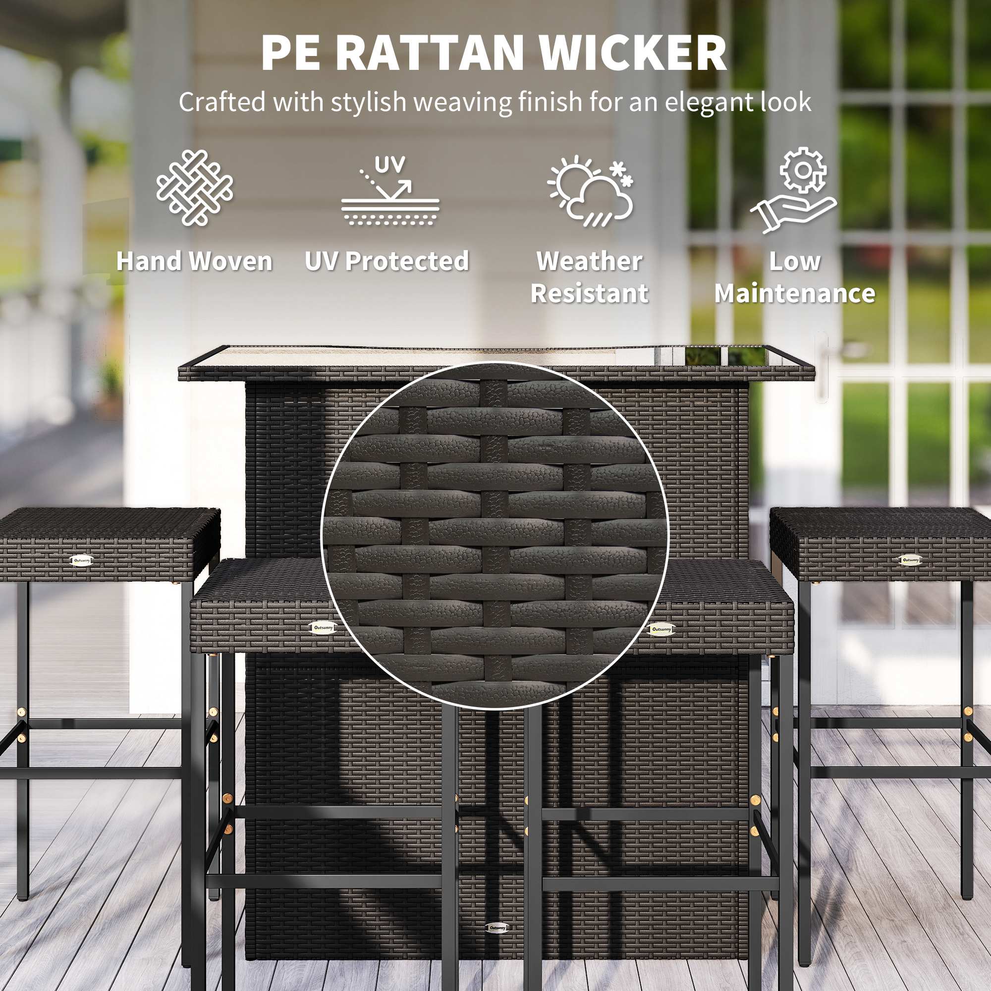 PE RATTAN WICKER  
Crafted with stylish weaving finish for an elegant look  

- Hand Woven  
- UV Protected  
- Weather Resistant  
- Low Maintenance