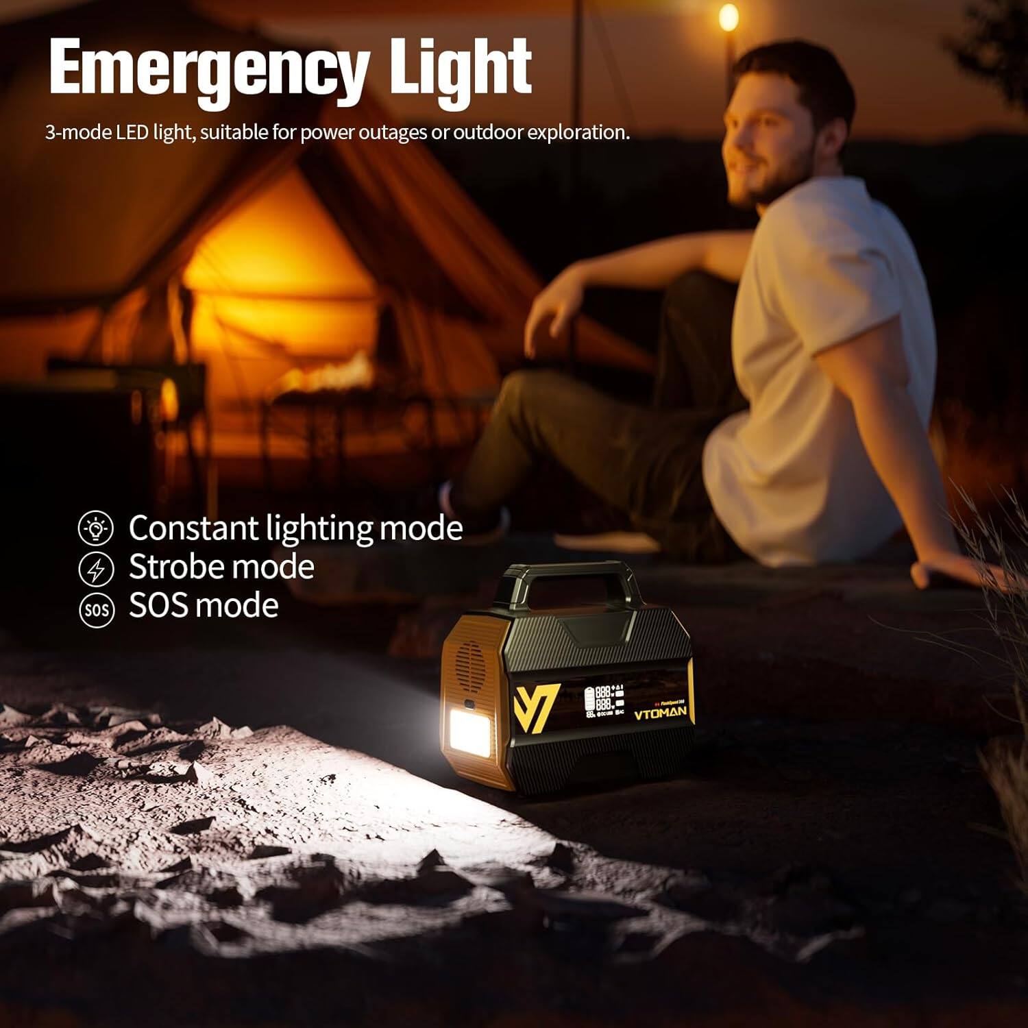Emergency Light  
3-mode LED light, suitable for power outages or outdoor exploration.  
Constant lighting mode  
Strobe mode  
SOS mode  

M 20R OEE & - VTOMAN