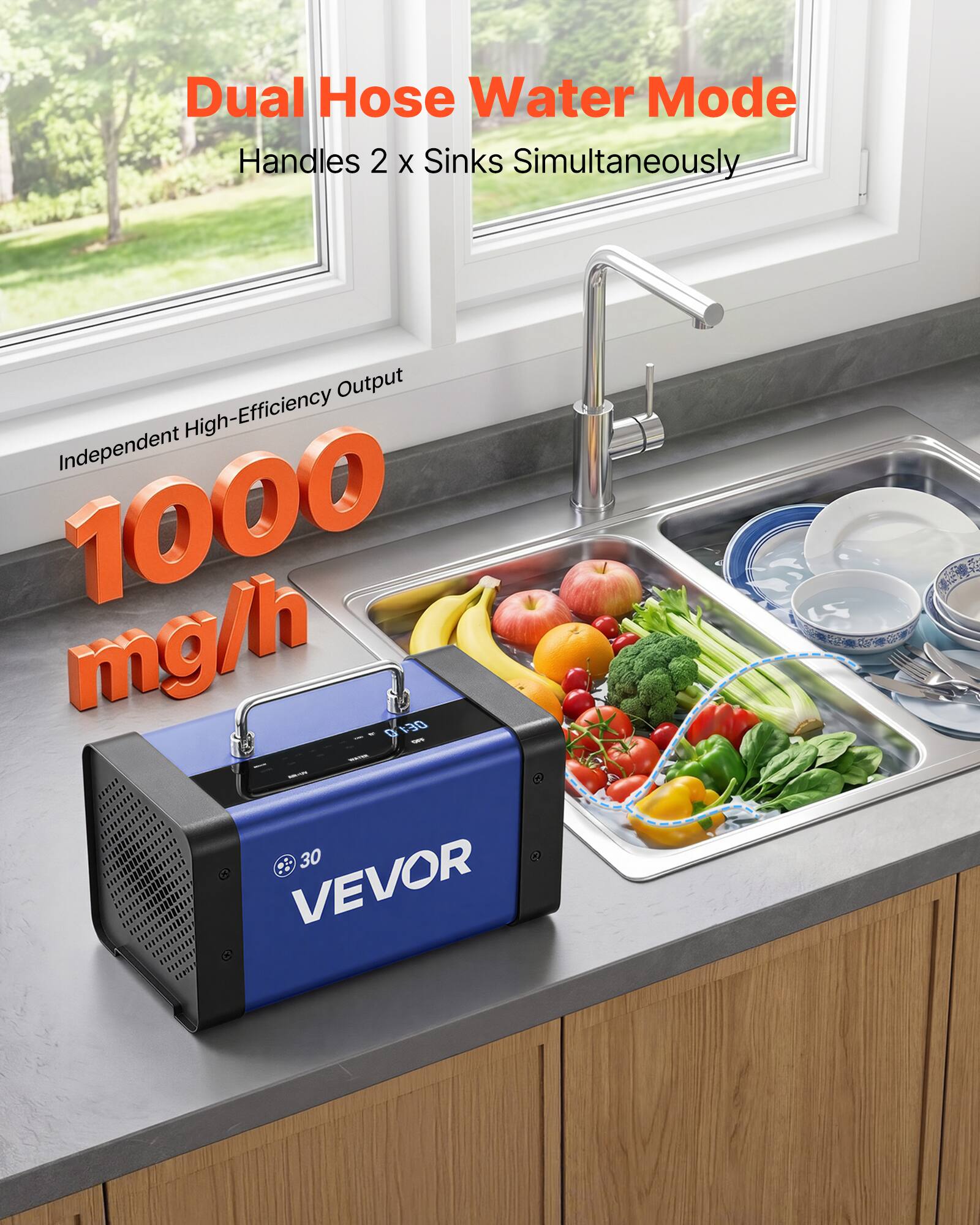 Dual Hose Water Mode Handles 2 x Sinks Simultaneously Output High-Efficiency Independent 1000 mg/h 30 VEVOR