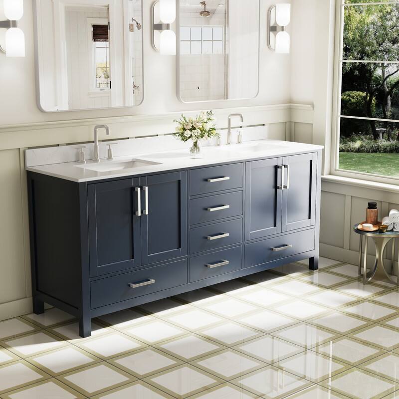 Left. WELLFOR - 80 in Bathroom Vanity with Double Sink, Freestanding Solid Wood Bathroom Cabinet with Soft-Close 4 Doors& 6 Drawers - Navy Blue.