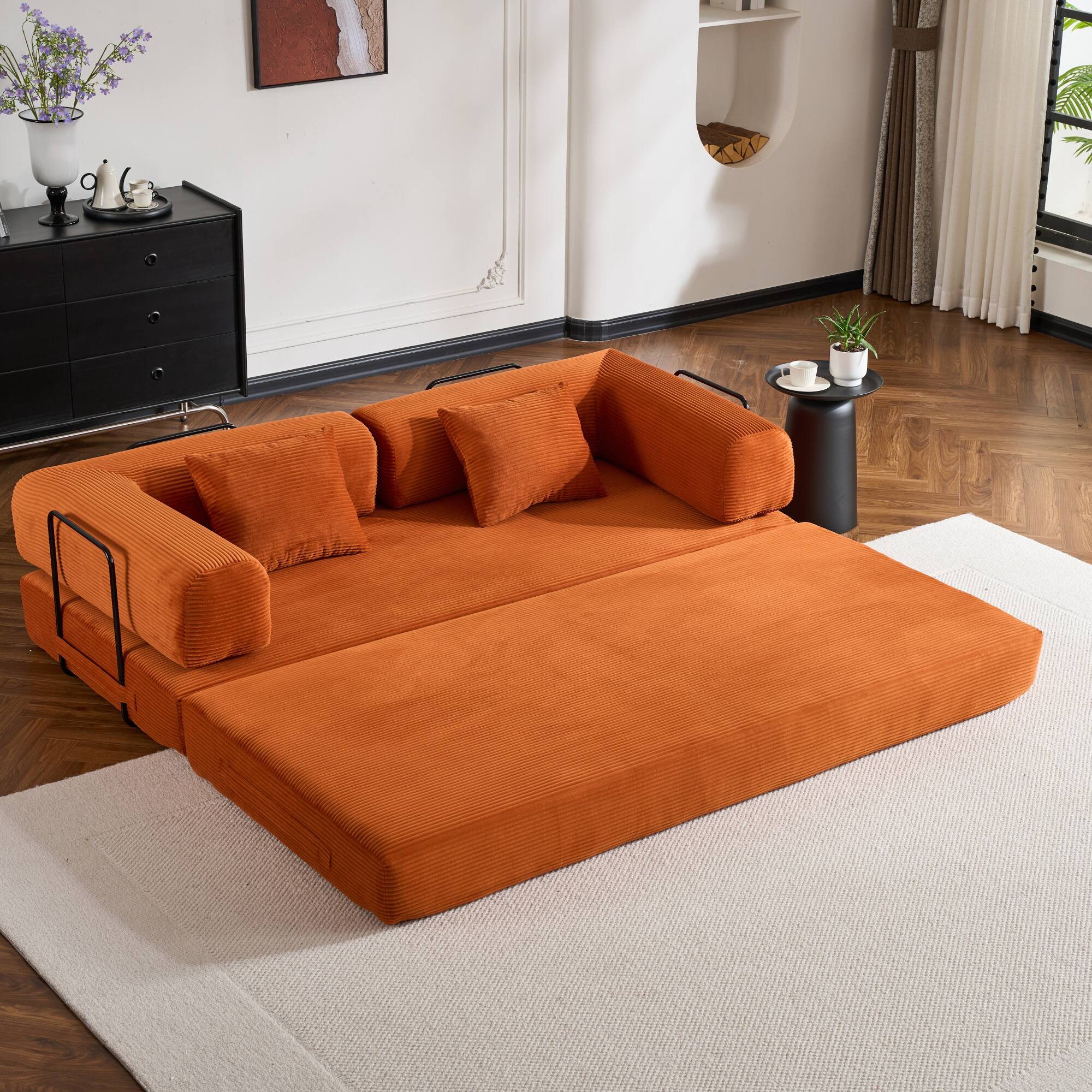 Back. GOODSILO - Convertible Sleeper Sofa in Cylindroy Fabric | Features a Cylindrical Pillow & Space-Saving Foldable Design - Orange.