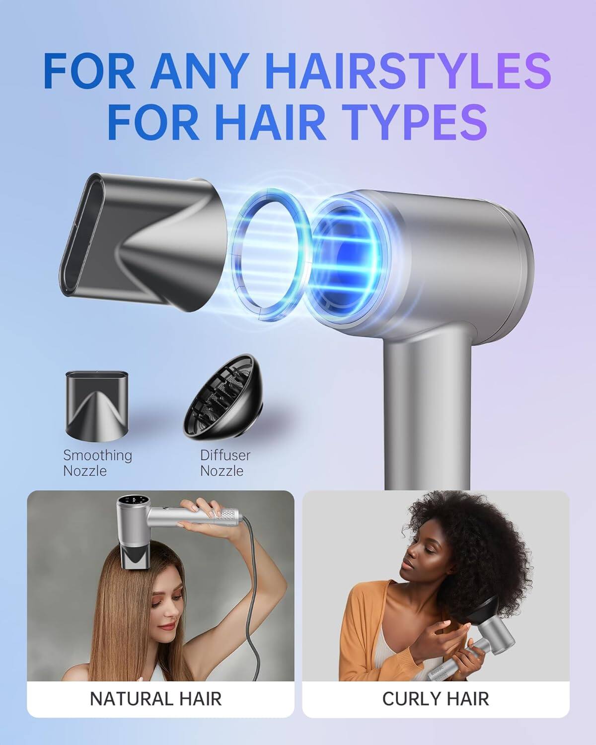FOR ANY HAIRSTYLES FOR HAIR TYPES

Smoothing Nozzle
Diffuser Nozzle

NATURAL HAIR
CURLY HAIR