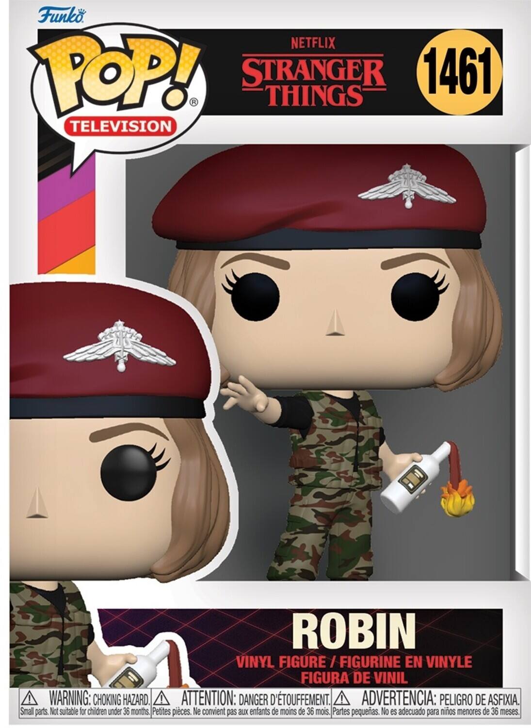 Funko, Netflix, POP!, Stranger Things, 1461, R, Things, Television, Robin, Vinyl, Figure, Figurine, En Vinyl, Figura, De Vinil, Warning: Choking Hazard, Attention: Danger D'touffement, Advertencia: Peligro De Asfixia, Small parts. Not suitable for children under 36 months. Petites pieces. Ne convient pas aux enfants de moins de 36 mois. Partes pequeas. No es adecuado para niños menores de 36 meses.